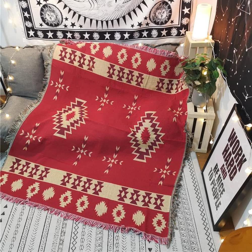 CCHYF Manta de nativos americanos del suroeste, manta azteca, decoración de pared bohemia roja con borlas tejidas de algodón, mantas y mantas
