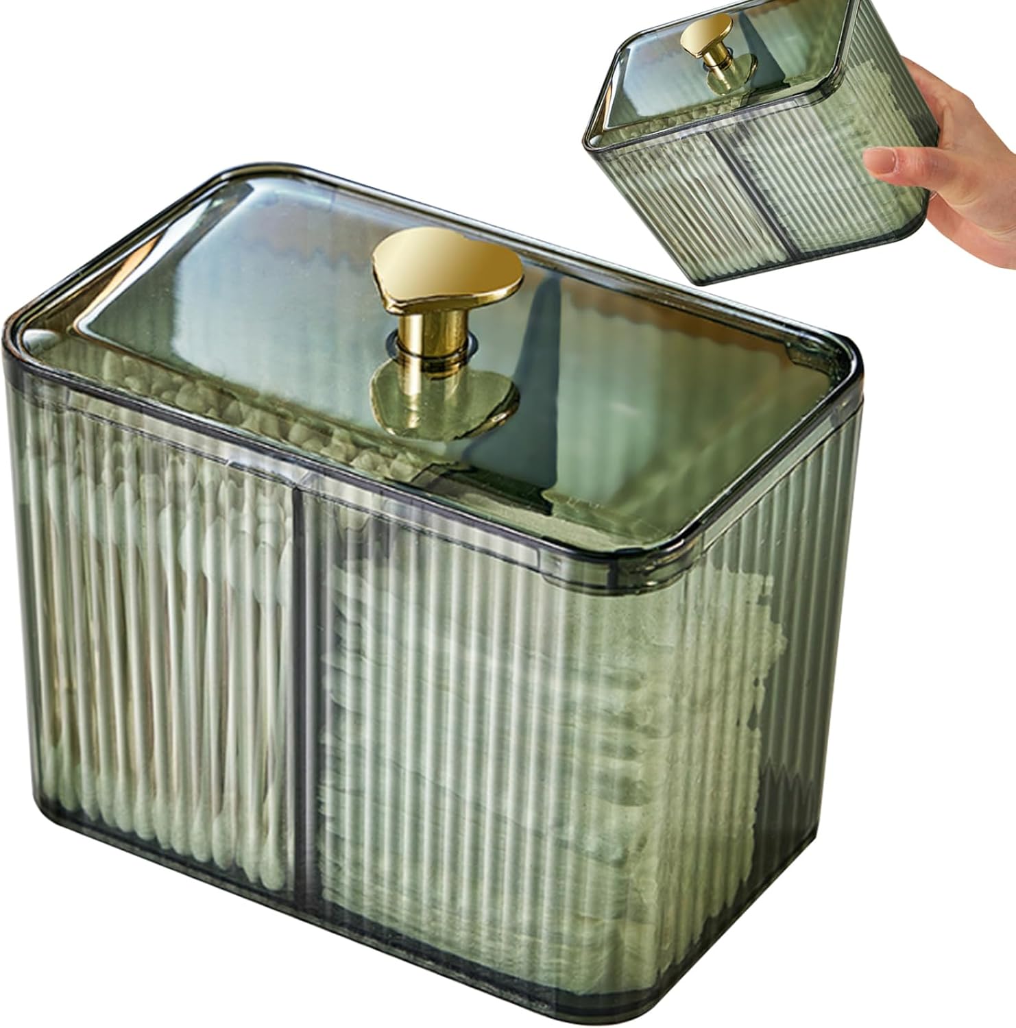 Naisicore Dispensador de hisopos de algodón, organizador de cosméticos transparente de 3 rejillas con tapa, soporte para hisopos de algodón, caja de