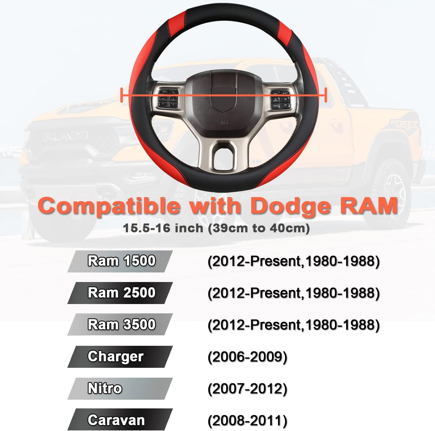 West Llama Funda personalizada para volante de automóvil para Dodge RAM 1500 2500 3500, 15.5-16 pulgadas (negro + rojo tamaño grande)