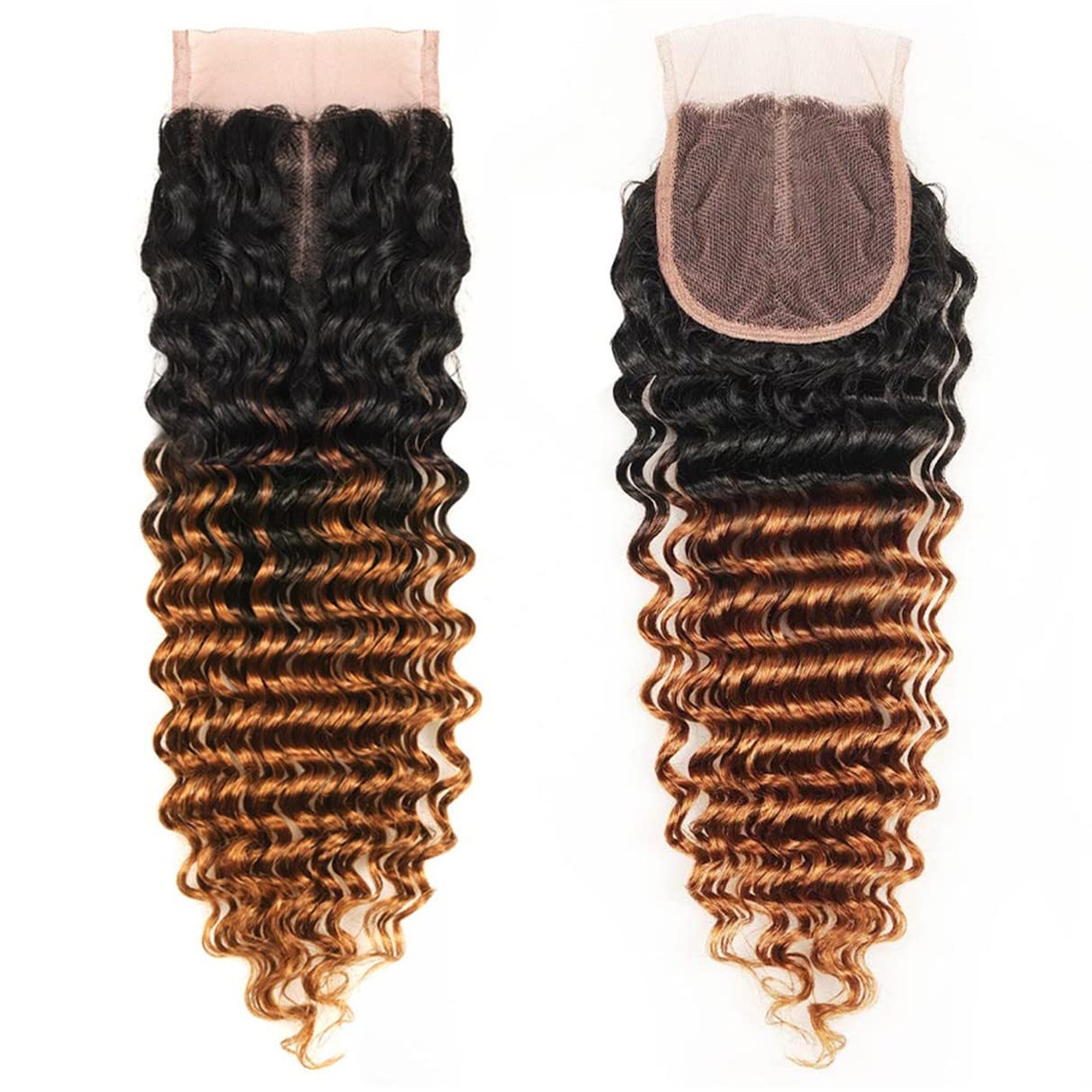 Ombre rubio miel 1B 30 onda profunda 4×4 cierre de encaje 100% cabello humano virgen brasileño sin procesar rizado profundo línea de cabello
