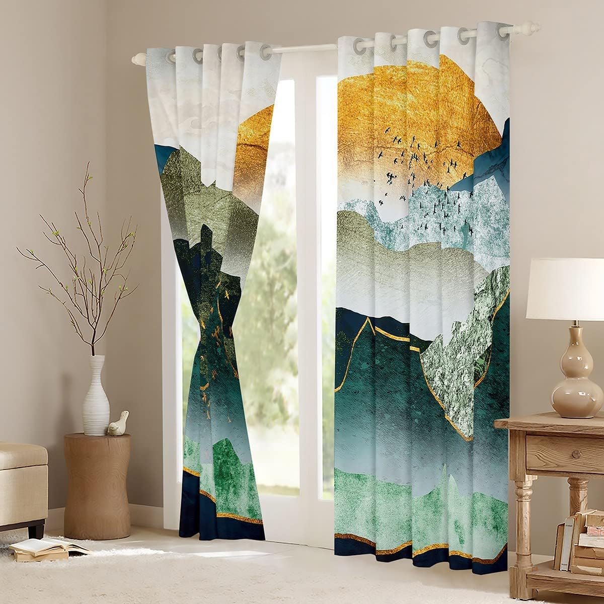 Cortinas japonesas Ukiyoe para ventana para dormitorio, sala de estar, cortinas con patrón Hokusai para niños, niñas, acuarela, sol, montaña,