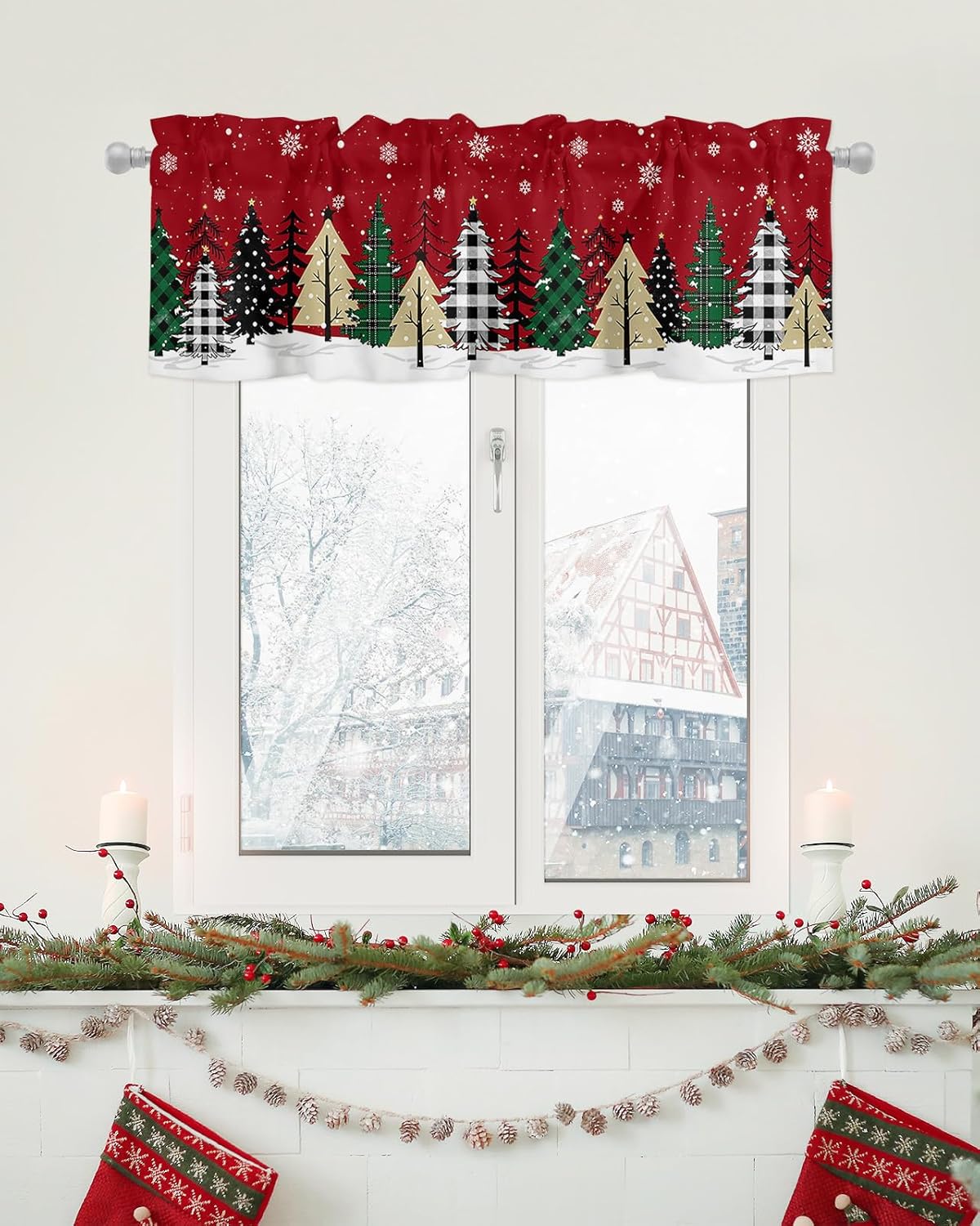 Cortina de cenefa para árbol de Navidad, cortina roja para ventana de cocina, cortina corta con bolsillo para barra, cenefa para sala de estar,
