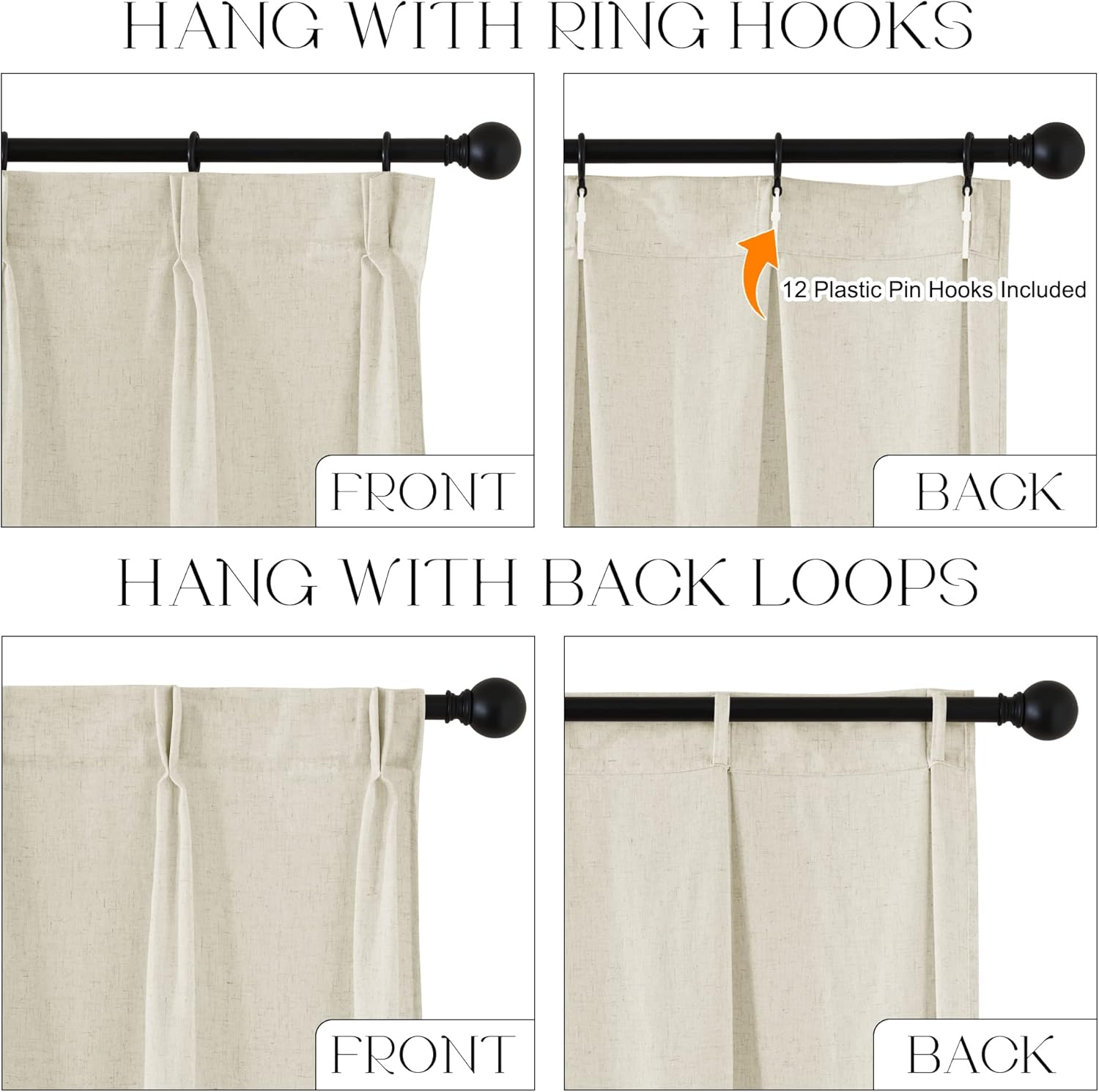StangH Cortinas traslúcidas de lino natural de 84 pulgadas de largo, 30% de lino, cortinas plisadas para sala de estar, sala de estar, granja,