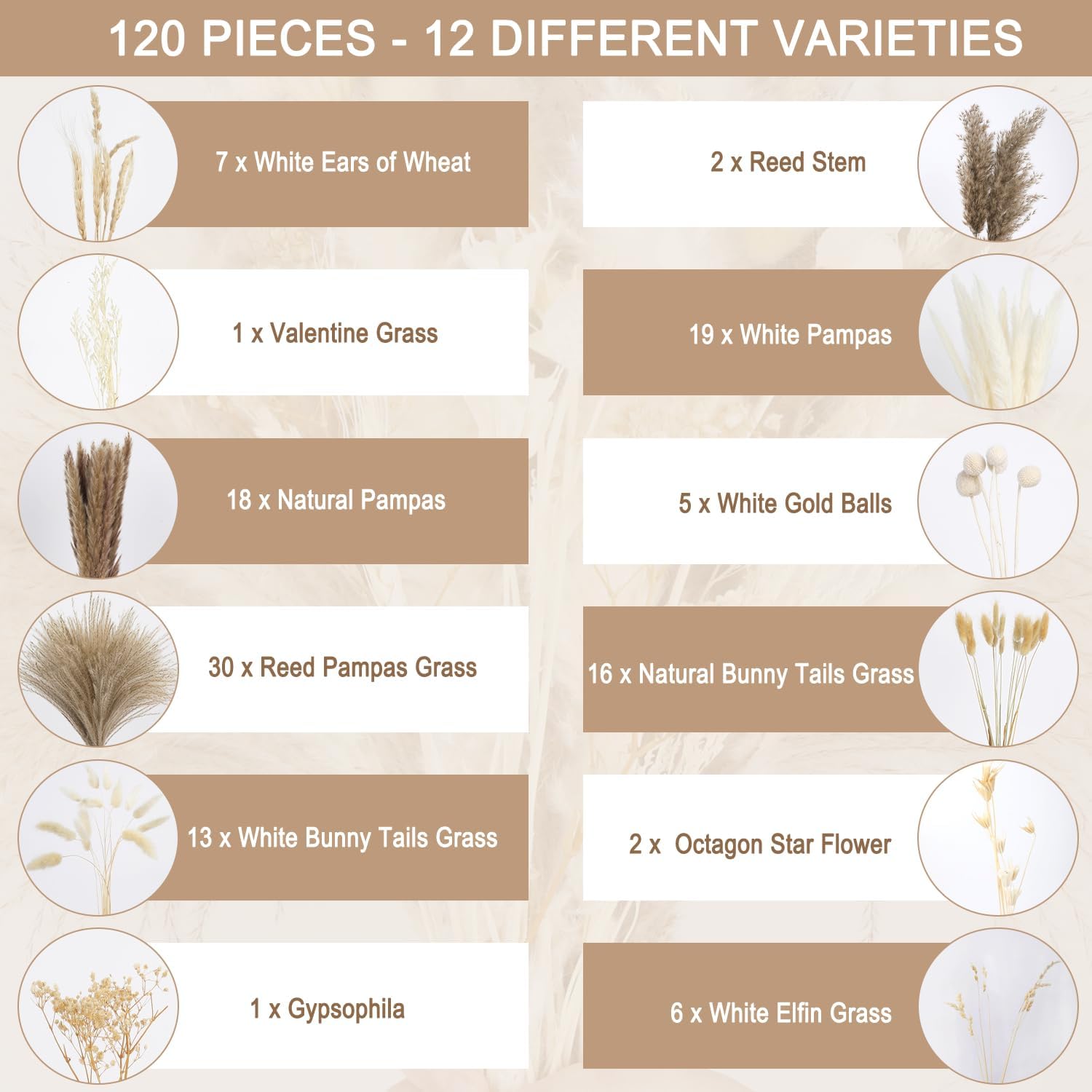 120 ramos de hierba seca de las pampas, 12 flores secas, cola de conejo, hierba blanca pomposa, decoración bohemia para el hogar, 17 pulgadas,