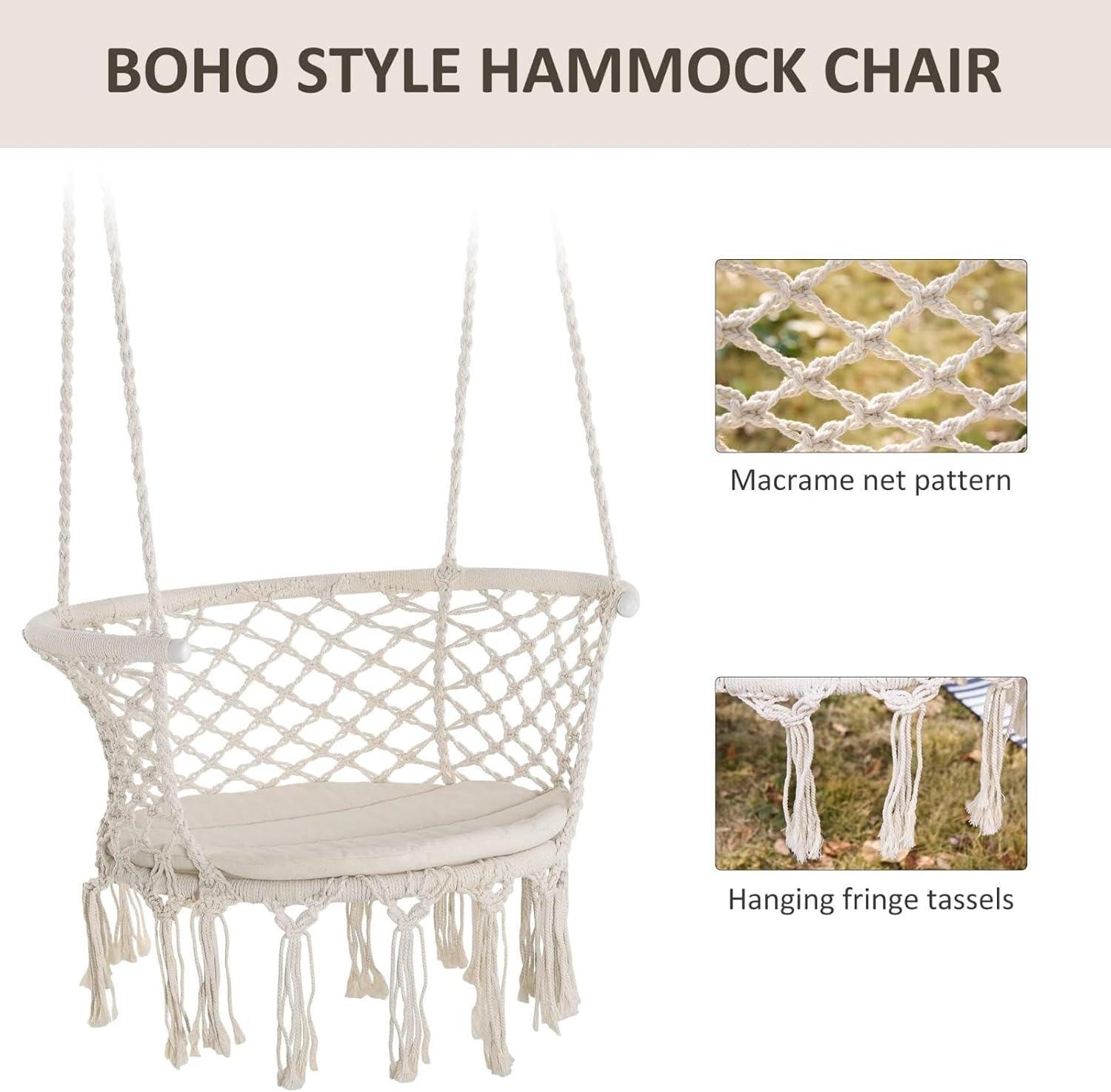 Outsunny – Silla hamaca de cuerda de algodón, hamaca colgante con marco de metal y cojín, asiento grande de macramé, patio, jardín, dormitorio, sala