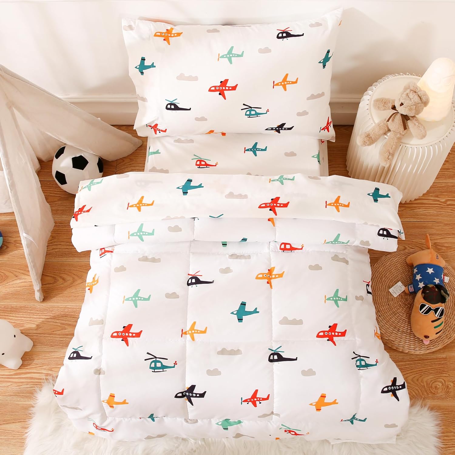 JSD Juego de ropa de cama de 4 piezas con diseño de avión para niños y niñas, incluye sábana encimera, sábana bajera, edredón acolchado y funda de