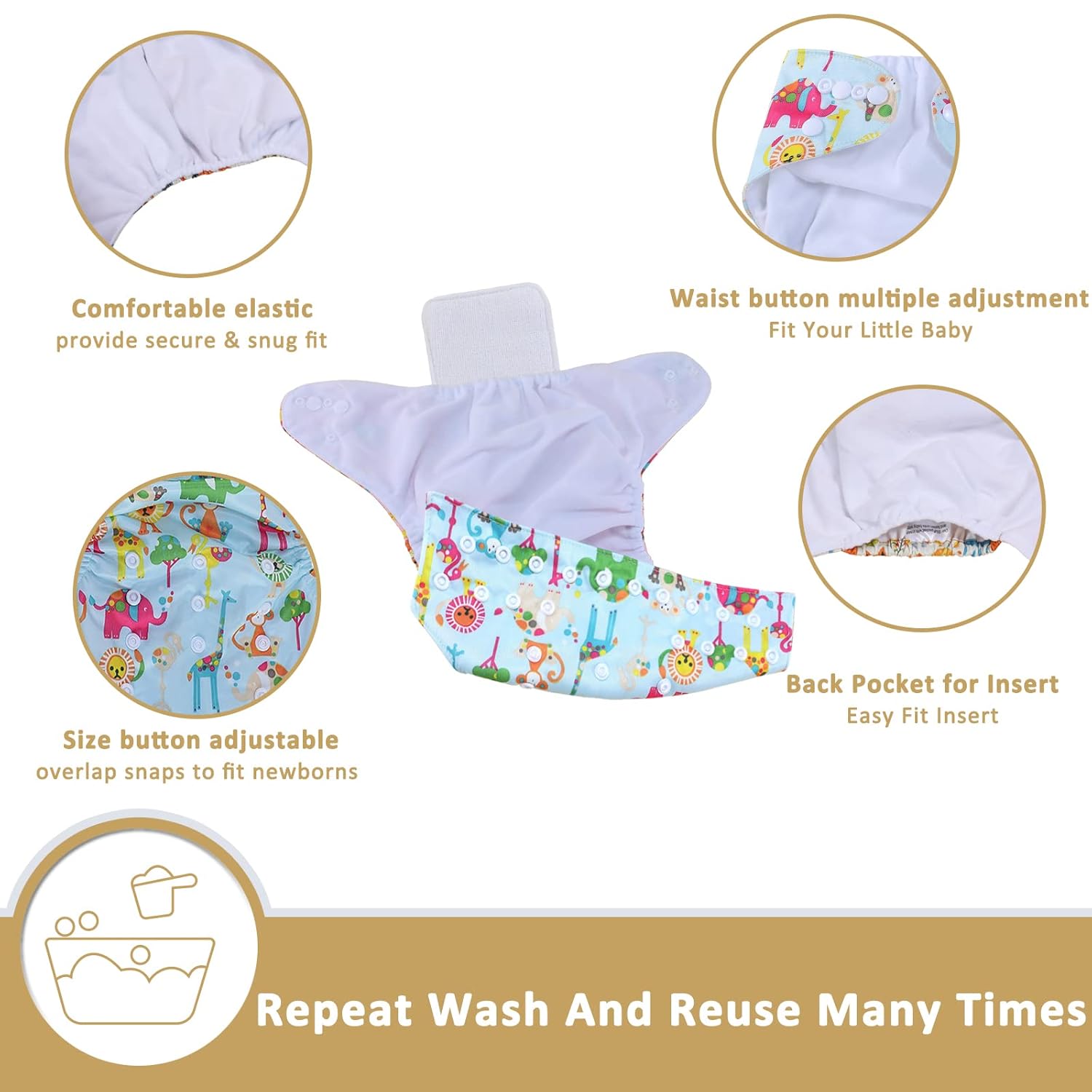 Pañal de tela lavable reutilizable talla única ajustable para bebé, 1 pañal y 2 piezas de insertos de microfibra de 3 capas