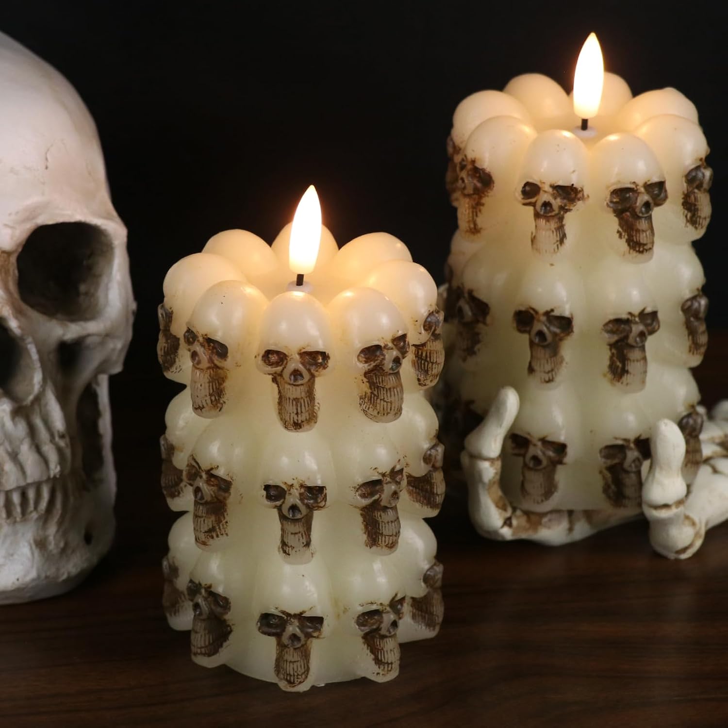 DRomance Velas sin llama apiladas de calavera con control remoto de 10 teclas y temporizador, paquete de 2 velas LED parpadeantes de cera real con