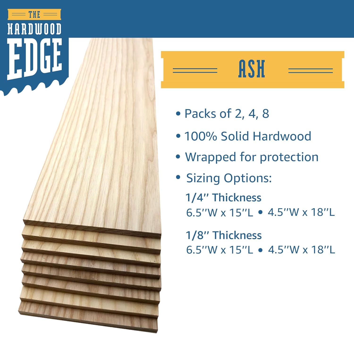 The Hardwood Edge Tablones de madera dura de fresno  Paquete de 4 piezas de madera de fresno para manualidades de madera sin terminar, 18 pulgadas