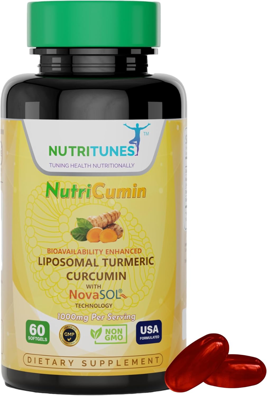 NutriCumin 1000mg Curcumina de cúrcuma liposomal con NovaSOL (60 cápsulas blandas)  para la salud de las articulaciones, sin OMG, certificado GMP y