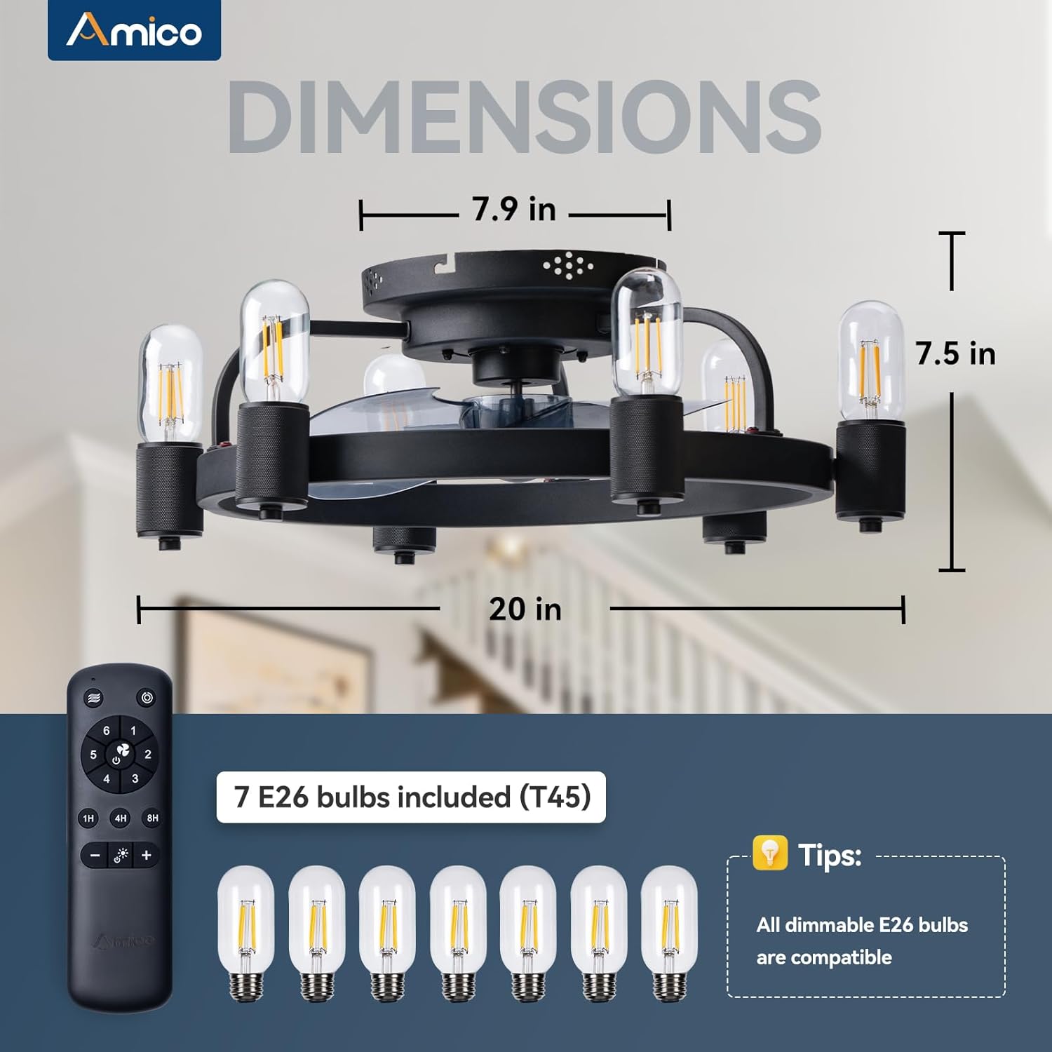 Amico Ventiladores de techo con luces, ventilador de techo de perfil bajo con luz y control remoto, montaje empotrado de 20 pulgadas, 6 velocidades,