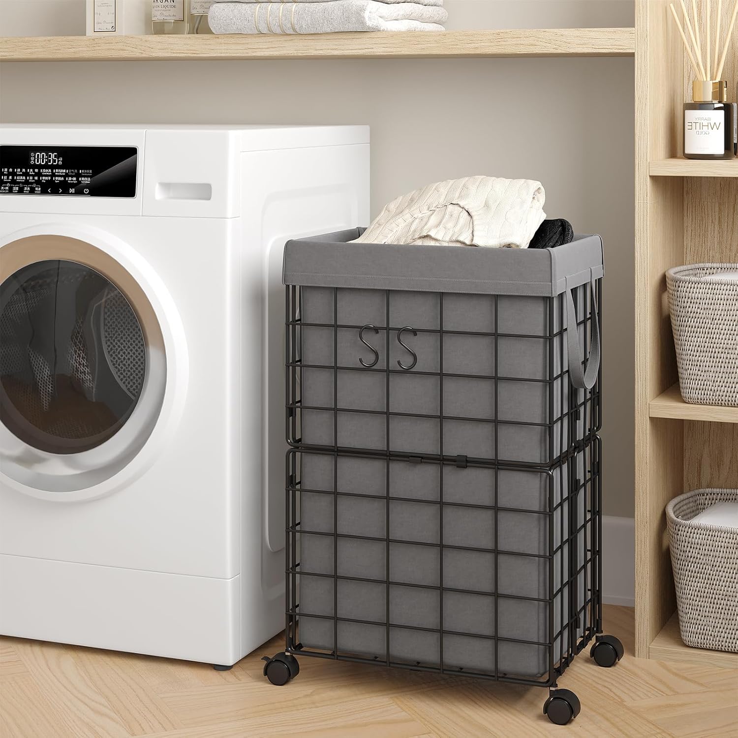 ELYKEN Cesta de lavandería con ruedas, marco de alambre de metal duradero con bolsa interior extraíble de 70 l18.8 galones de capacidad, cesta de