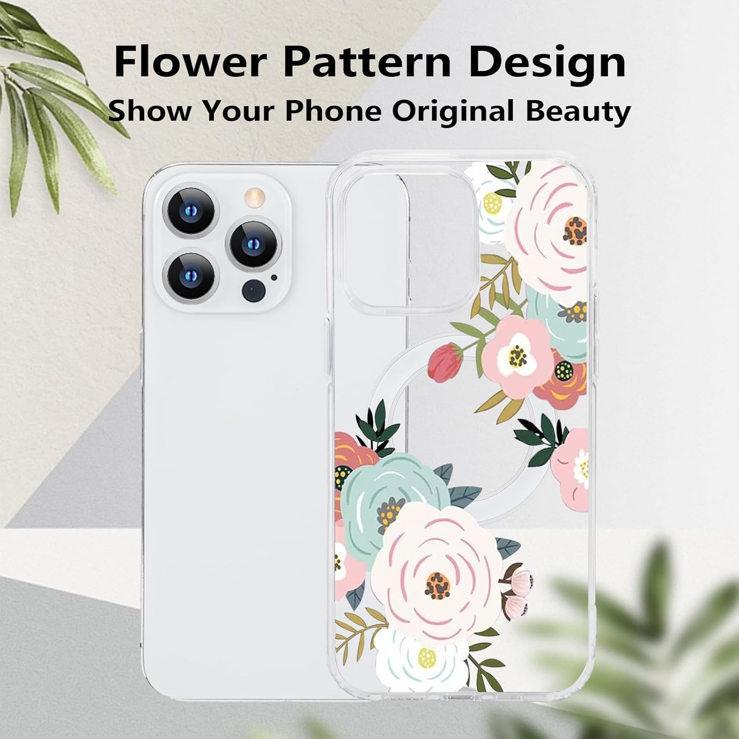 Funda magnética transparente con diseño de flores para iPhone 15 Pro compatible con MagSafe, patrón floral transparente a prueba de golpes, parte