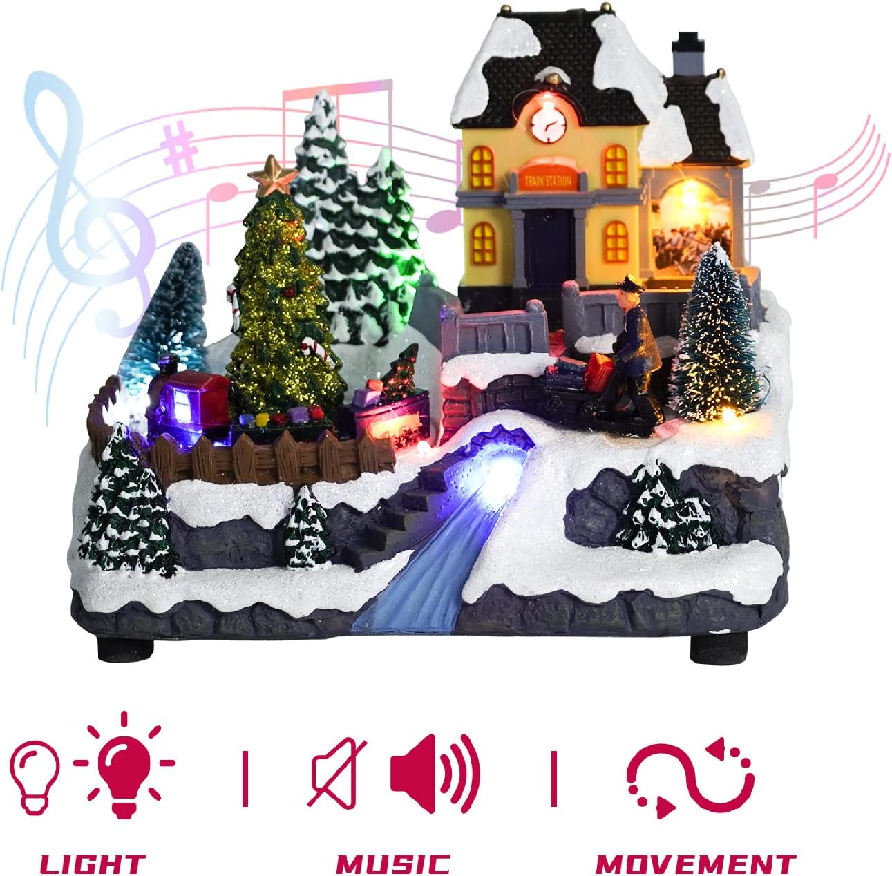 Christmas Village Houses with LED Lights, Train Spinning Under The Christmas Tree, Fiber Optic River, Realistic Christmas Scene,Music Rendering