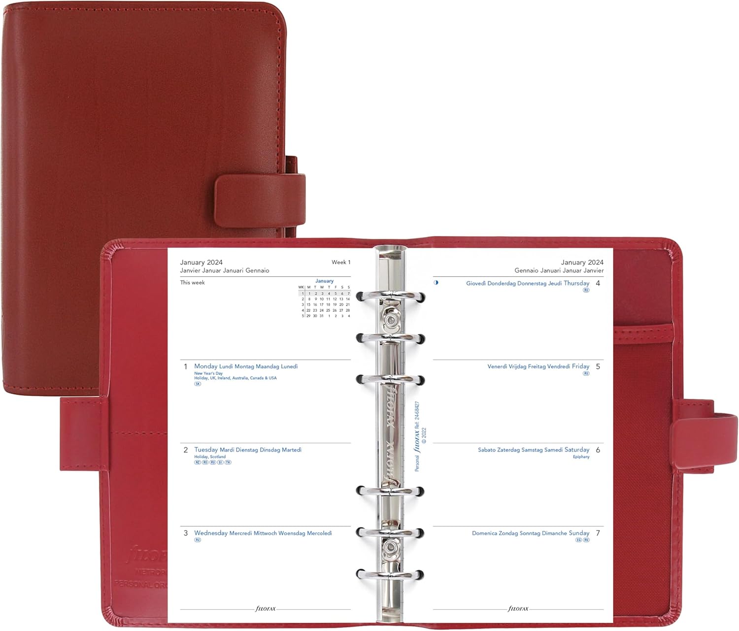 Filofax Metropol – Organizador de tamaño personal, color rojo, aspecto de cuero, seis anillos, calendario semanal para ver, multilingüe, 2024