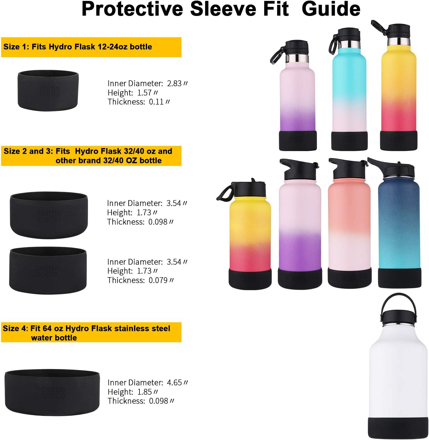 bottlebottle Funda protectora de silicona apta para 12-64 onzas para Hydro Sports, Simple Modern, Takeya, MIRA, Iron Flask y otras marcas de botella