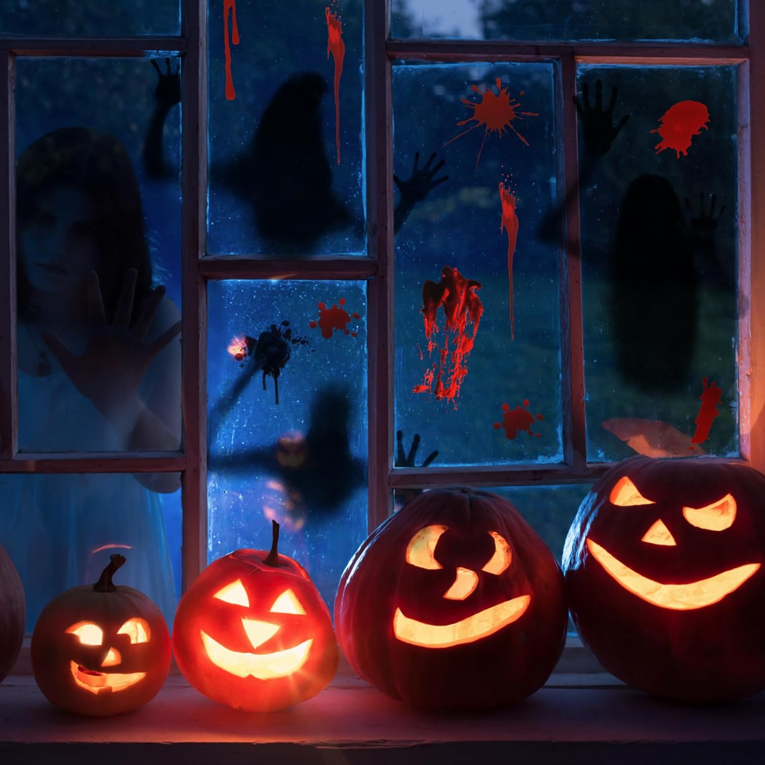 19 hojas de calcomanías de Halloween para ventana de automóvil, calcomanías rojas aterradoras y sangrientas, huellas de manos, huellas de terror,
