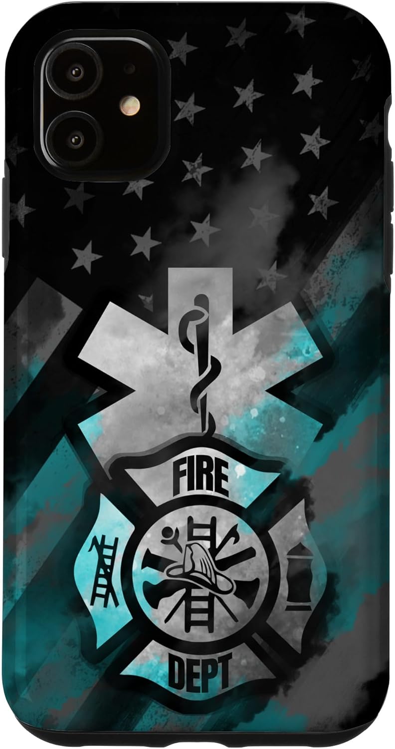 iPhone 11 EMT EMS bombero turquesa línea humo usa bandera americana caso