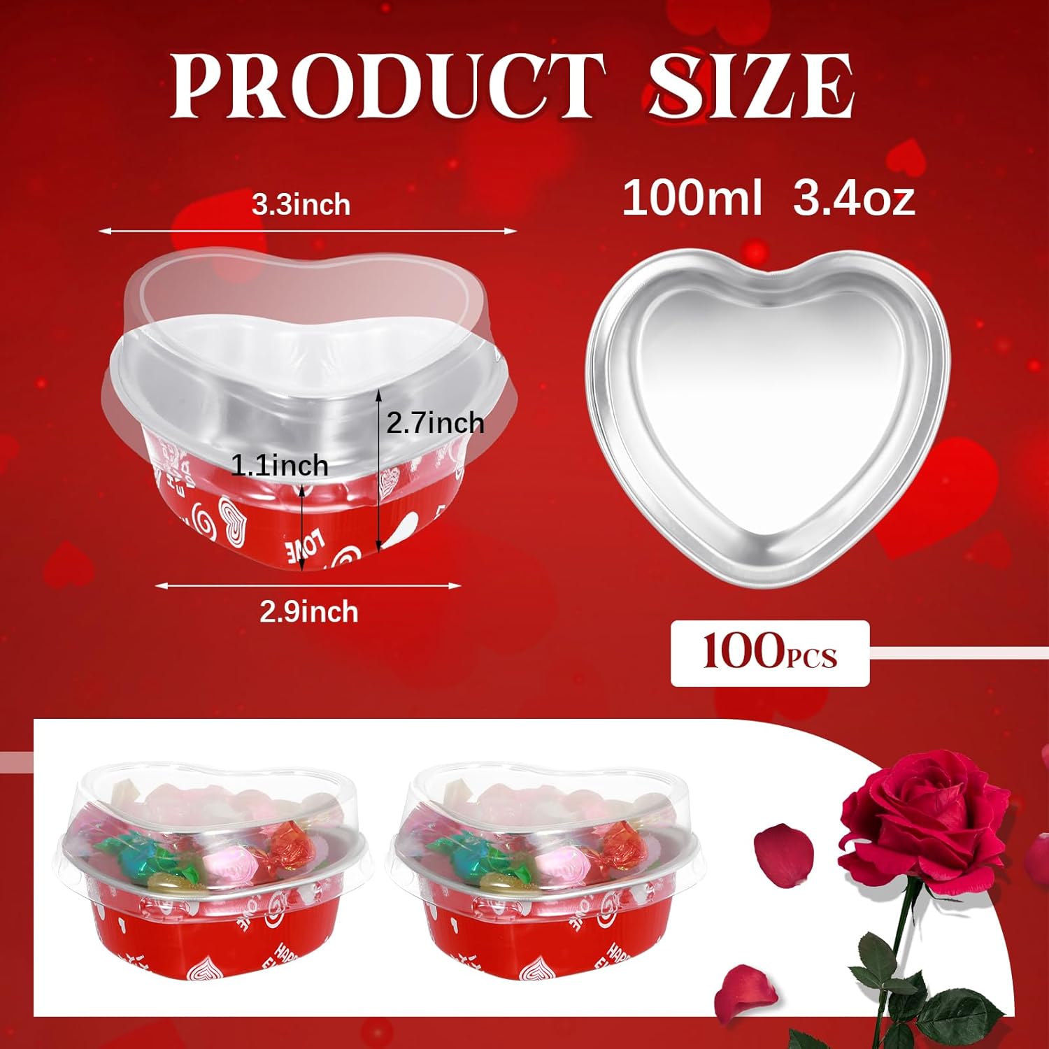 Juego de 100 moldes para pasteles en forma de corazón con tapas, mini moldes de papel de aluminio para tartas de 3.4 fl oz3.4 onzas, para el día de
