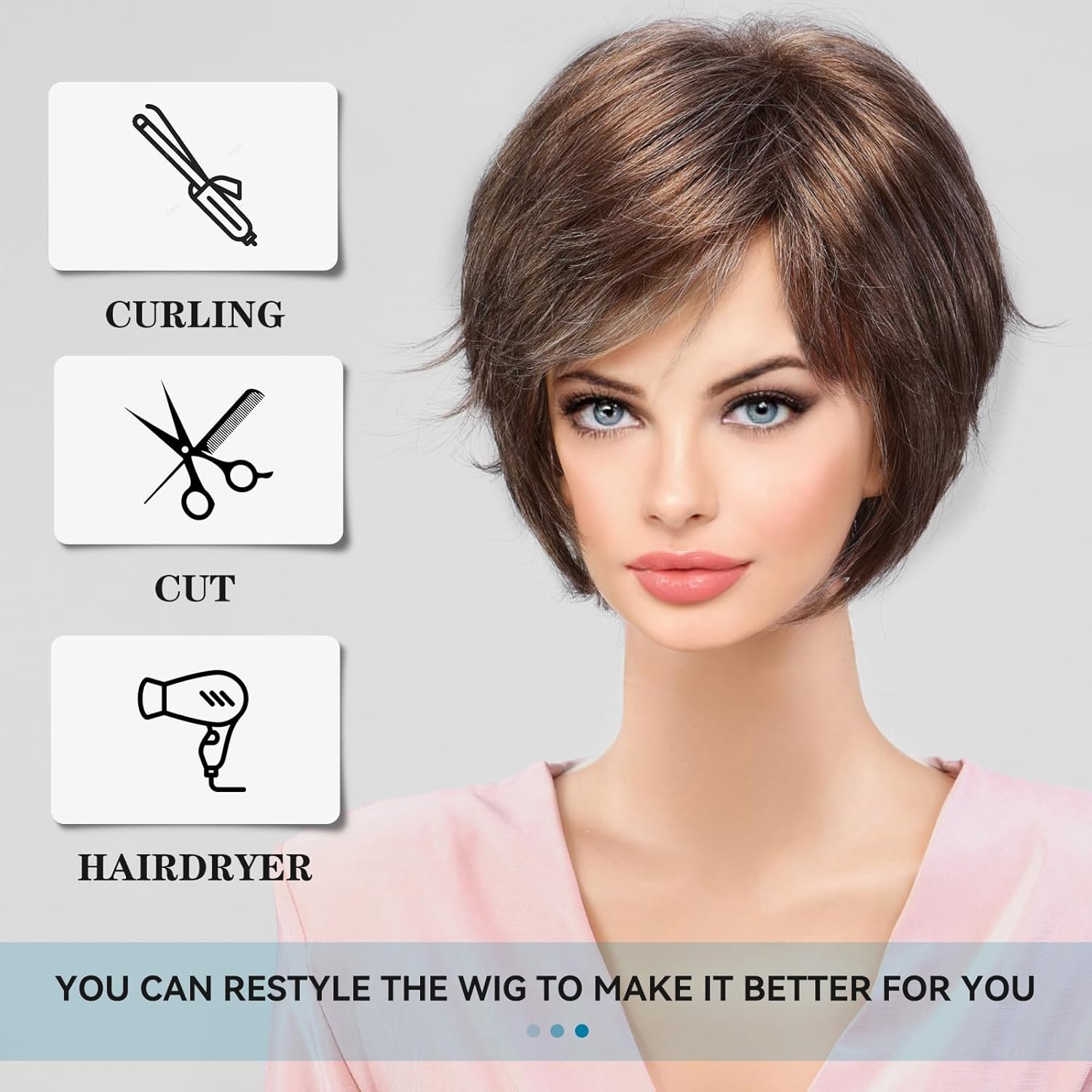 HAIRCUBE Peluca corta marrón mixta con fleco, pelucas de corte Pixie en capas para mujer, fibra sintética de memoria saludable, pelucas sin