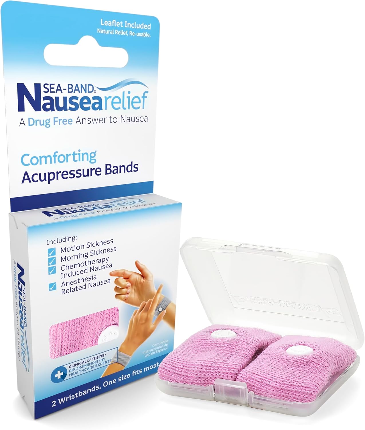 Sea-Band Pulsera de acupresión antináuseas para movimiento y mareos matutinos – 1 par rosa