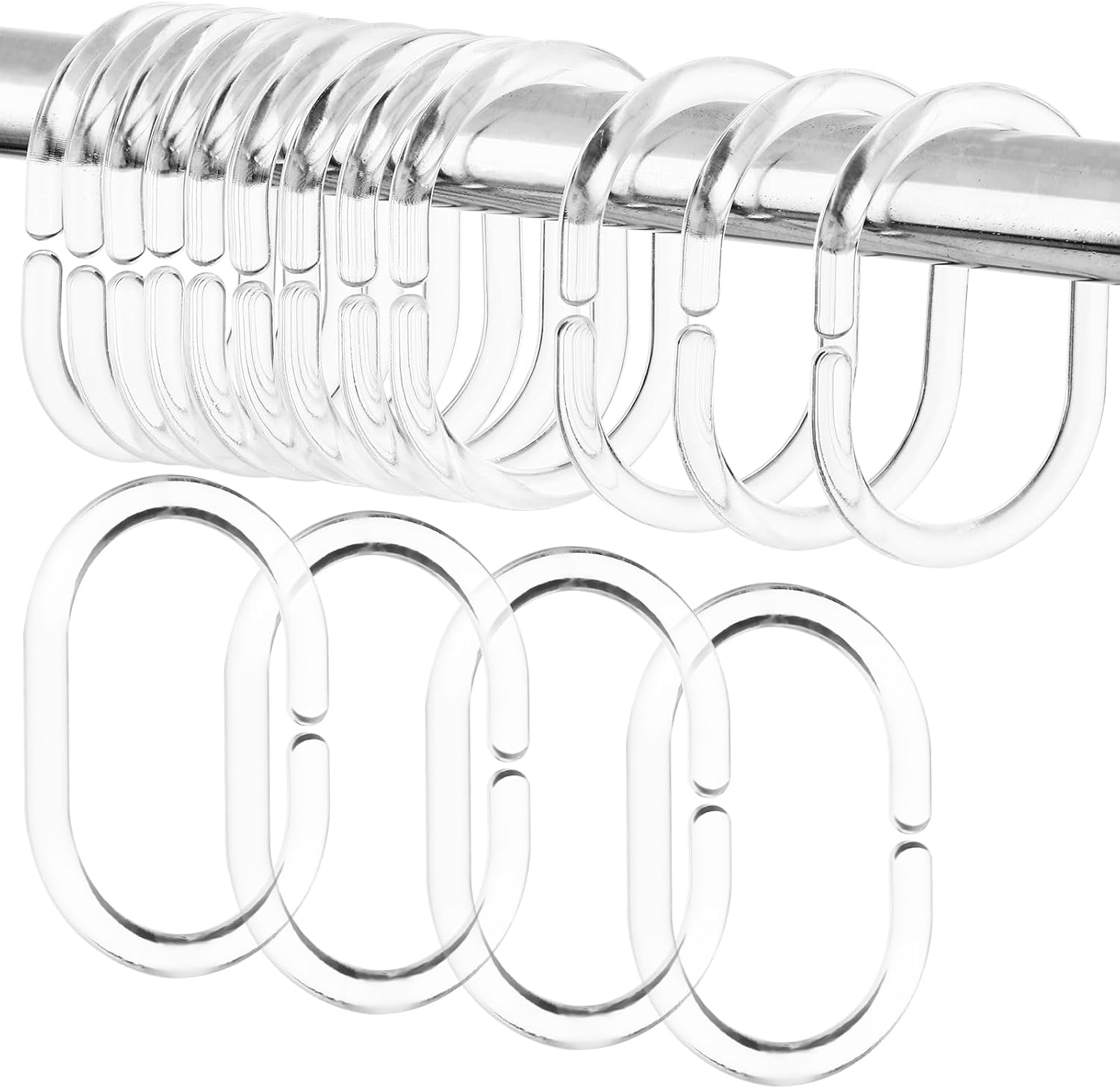 COMNICO 24 anillos de cortina de ducha de plástico en forma de C, ganchos para cortina de ducha, anillos de color blanco, transparente, fuerte,