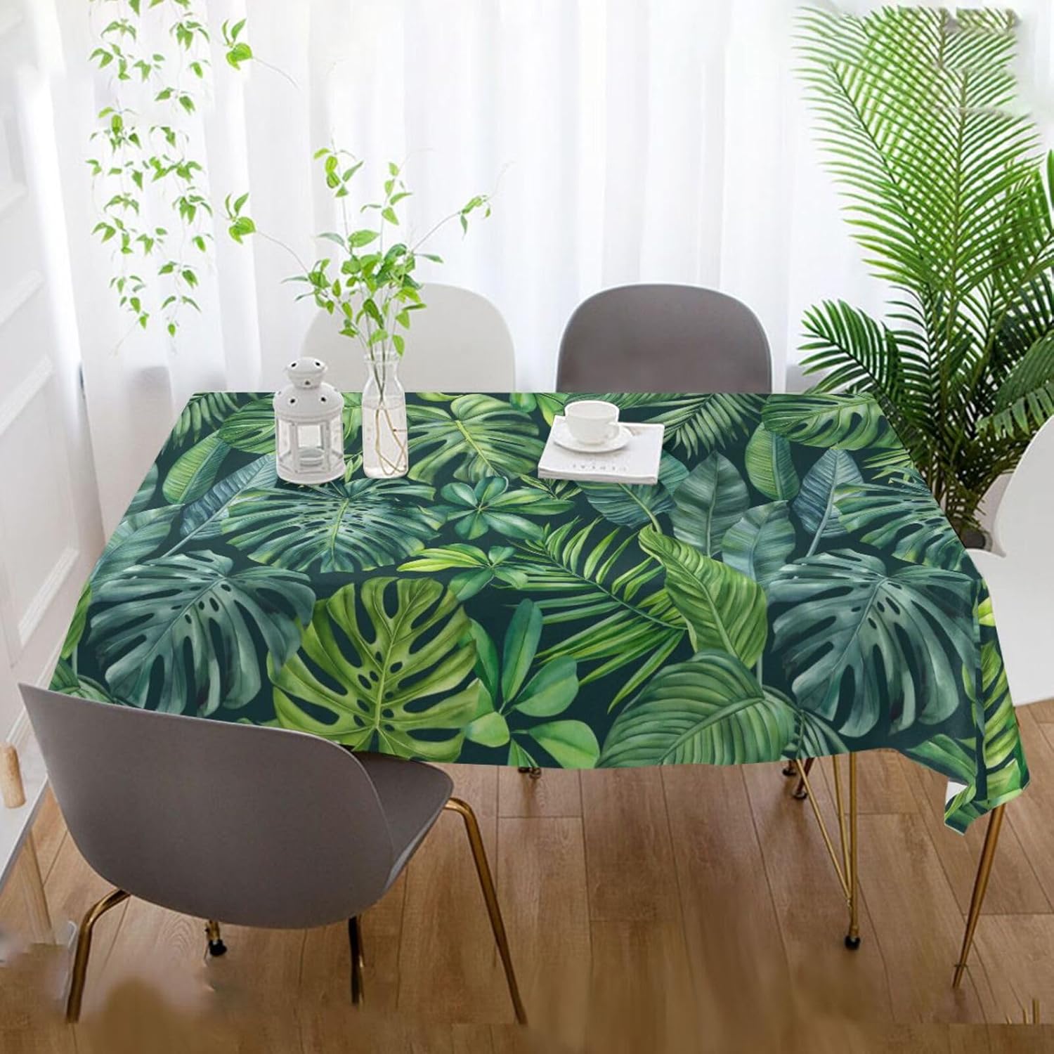ZOEO Mantel rectangular con estampado de hojas de palmera tropical, color verde, moderno, mantel decorativo lavable para mesa de cocina, comedor,