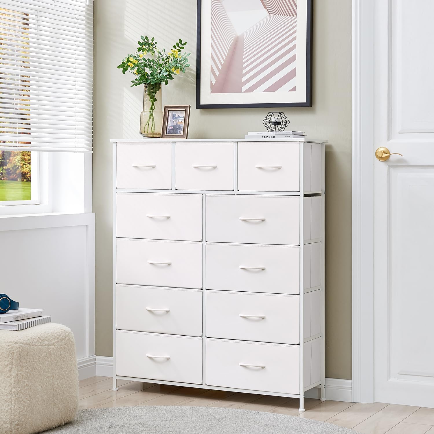 Somdot Cómoda para dormitorio con 11 cajones, amplia cómoda organizadora de almacenamiento con contenedores de tela para armario, mesita de noche,