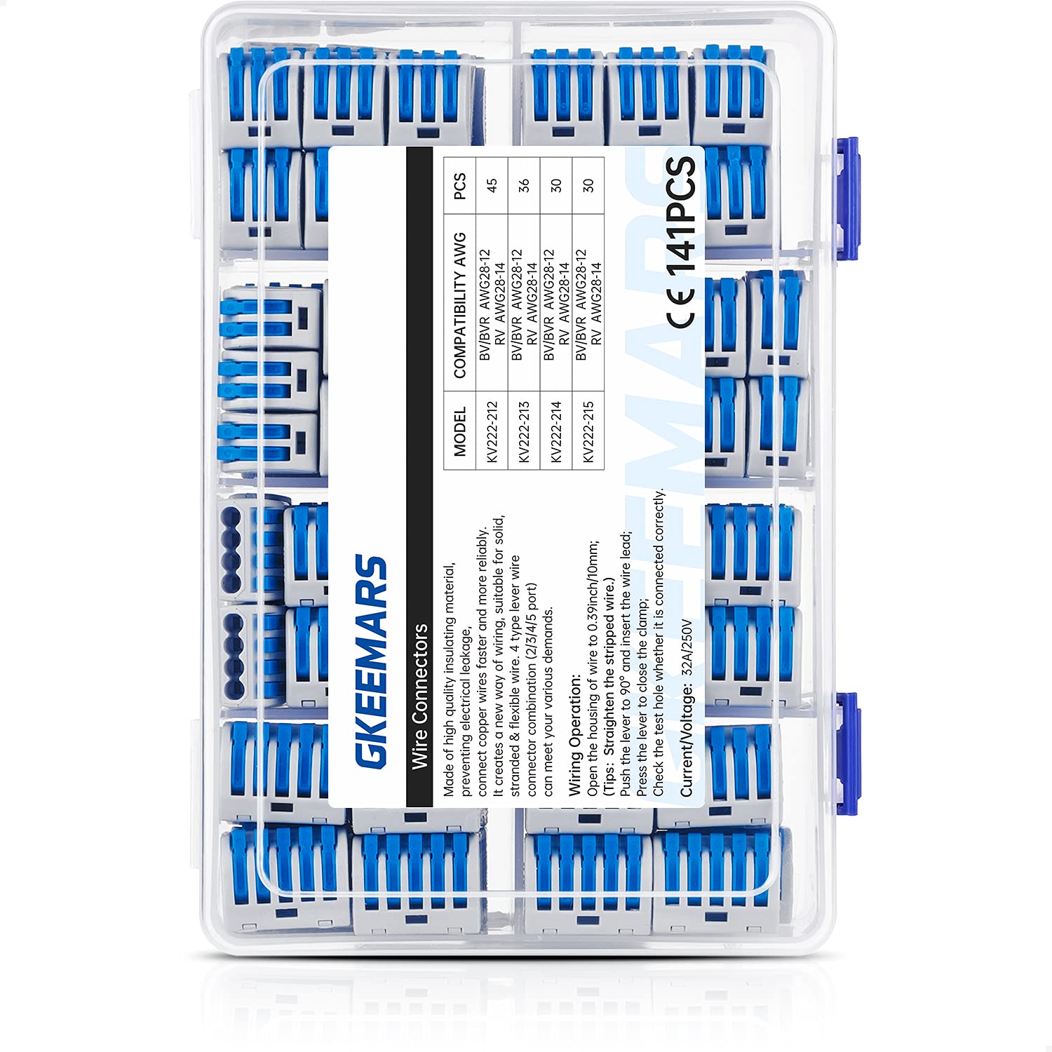 GKEEMARS 141 conectores de cable de palanca, conector conductor de empalme compacto para cables flexibles de trenzado sólido 28-12 AWG (azul)