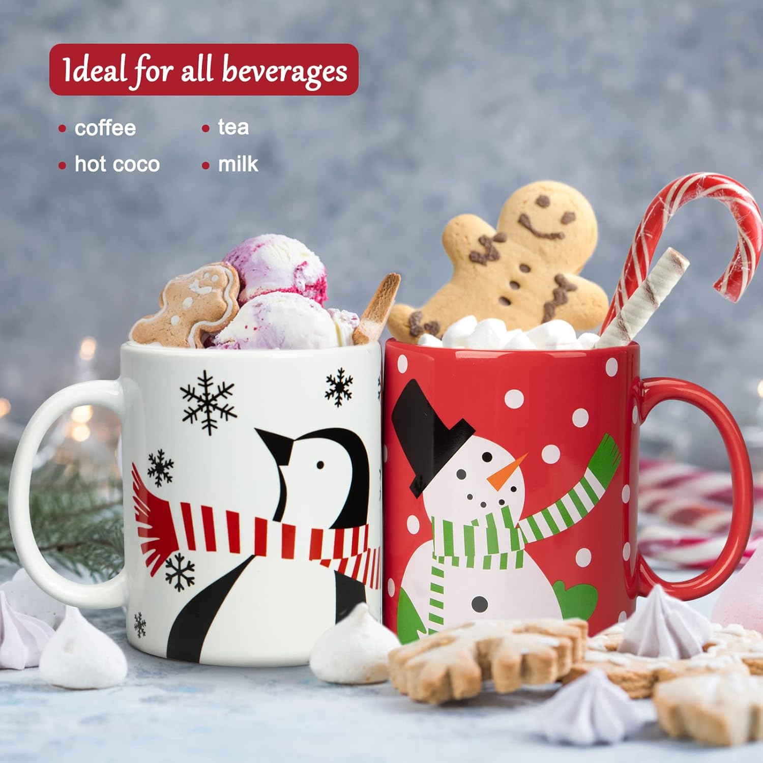 2 tazas de cerámica de Navidad, regalos de primera calidad, tazas rojas y blancas de 12 onzas con asa, aptas para microondas para café, té, cacao,