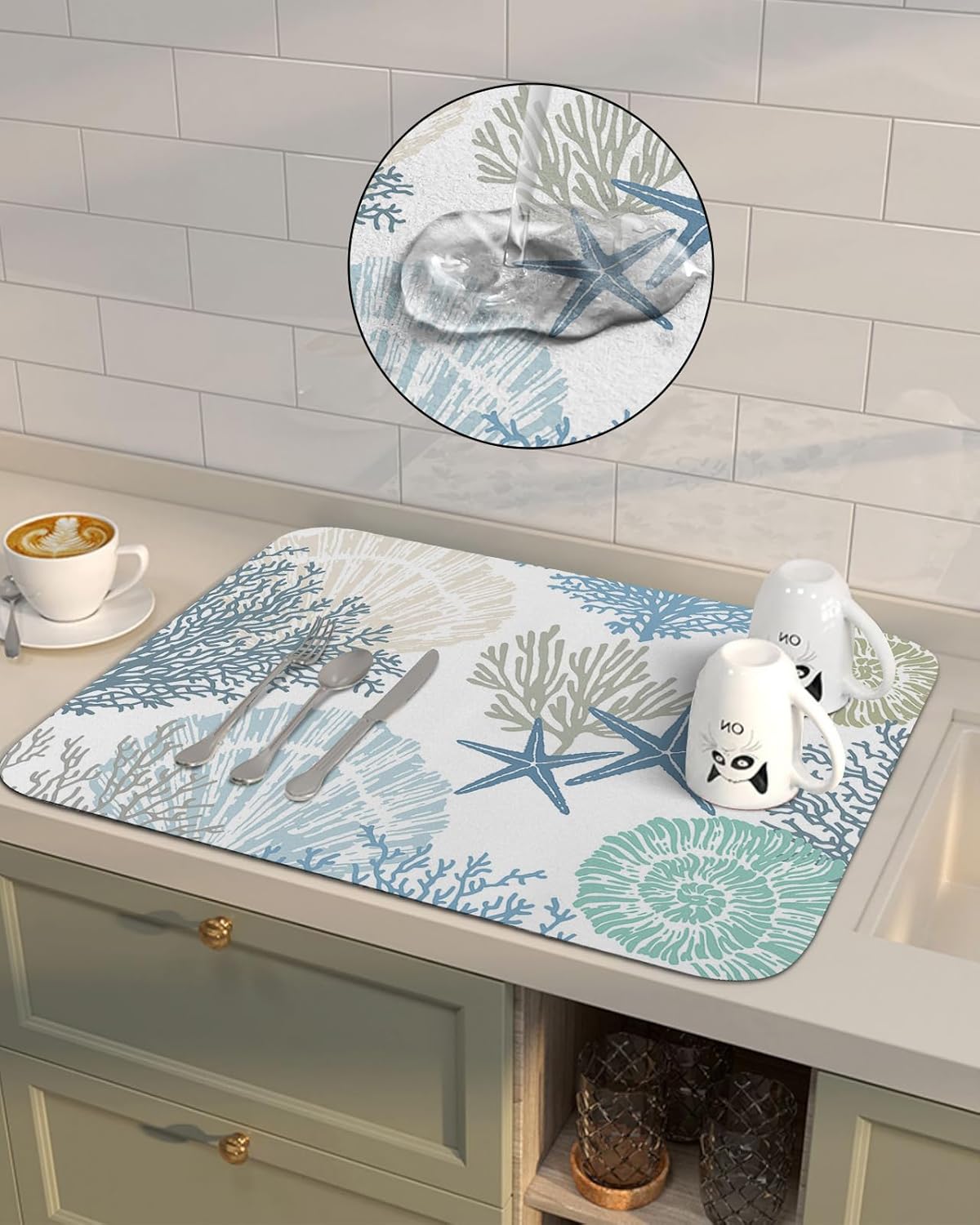 Hokiten Tapete de secado de platos costero para encimera de cocina, tapete absorbente de café y escurridor de platos, tapete de secado rápido con