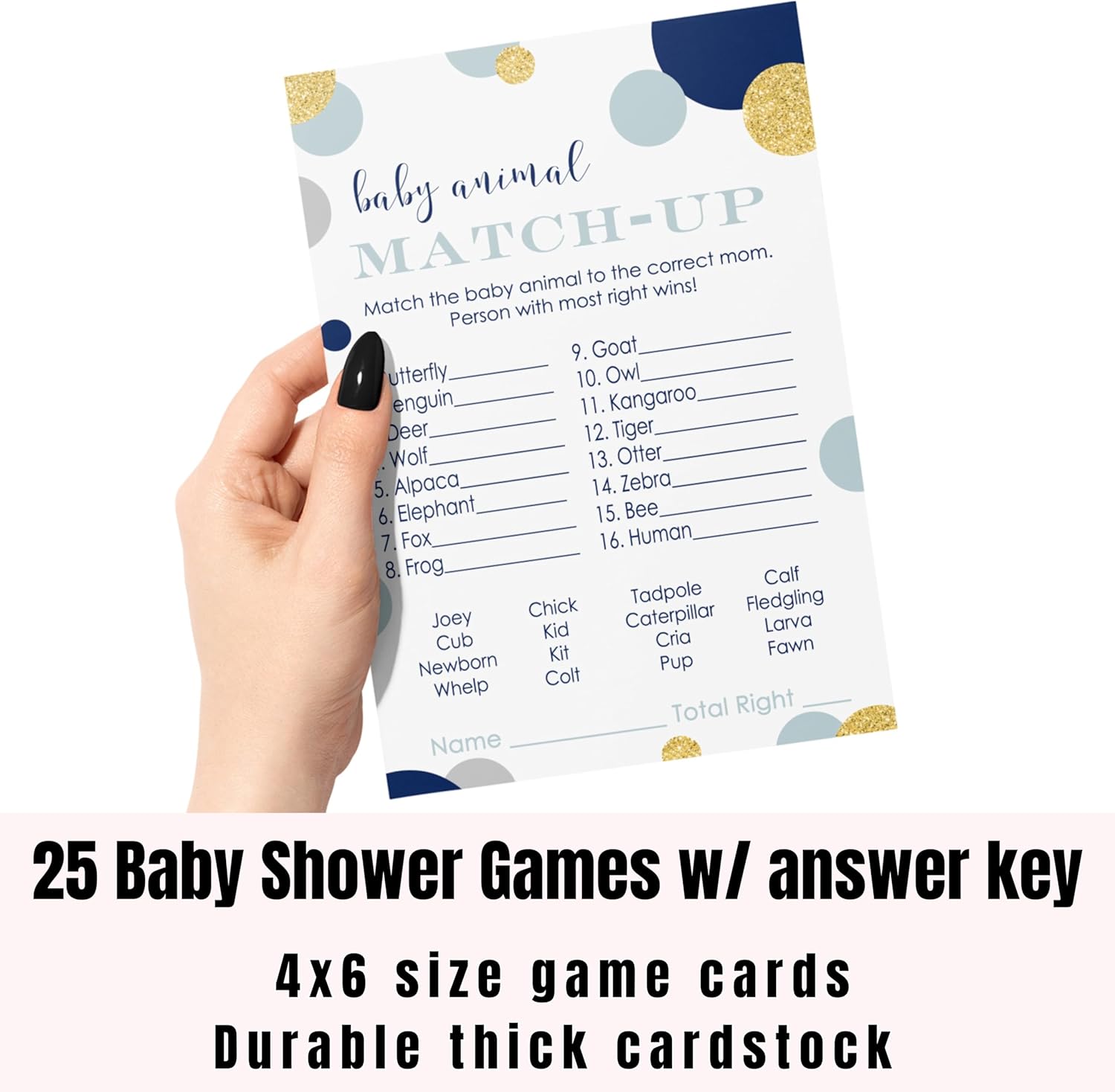 Paper Clever Party Juego de baby shower azul marino y dorado a juego de animales para todas las ocasiones, actividades divertidas de adivinanzas,
