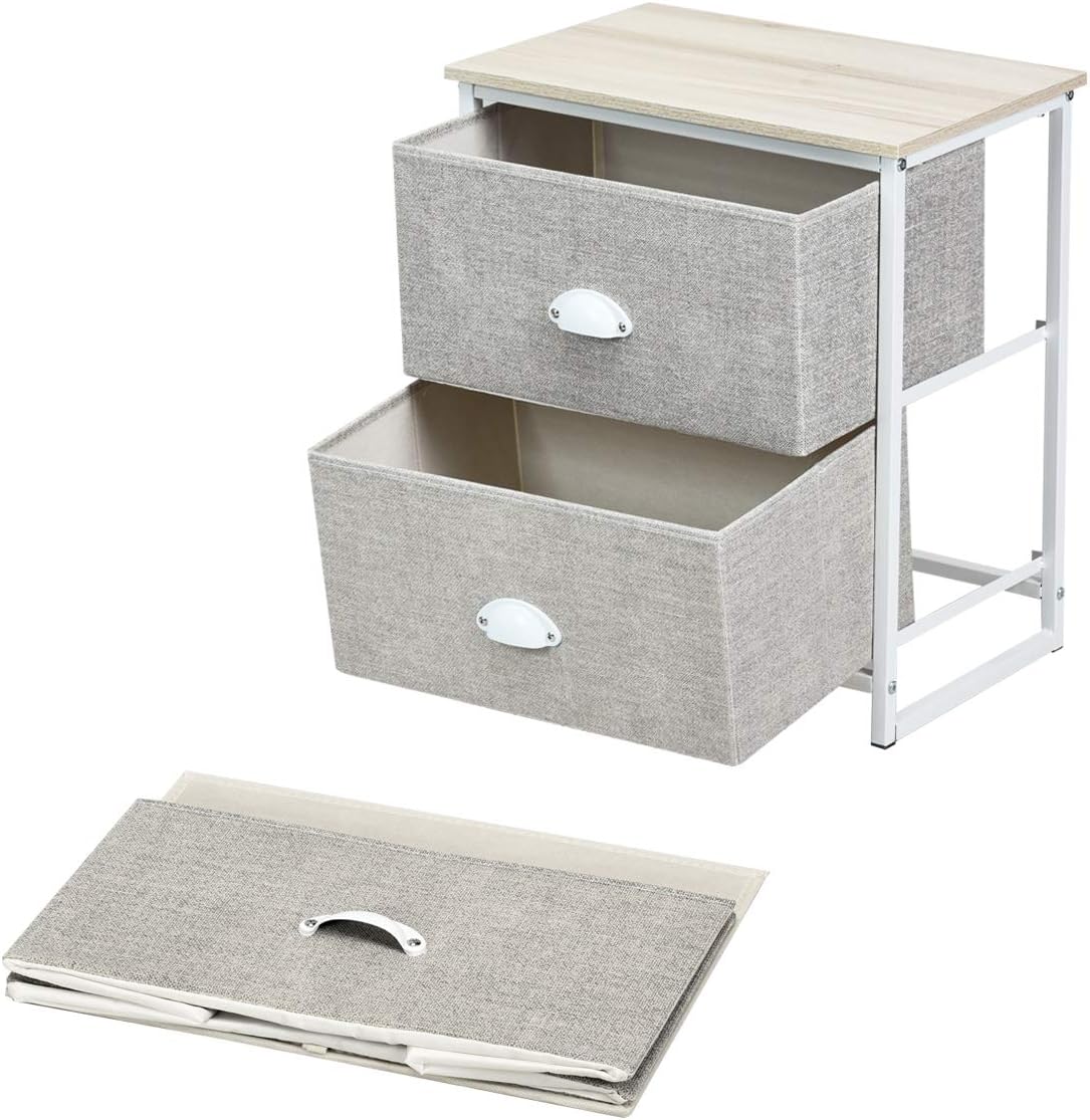Giantex Mesita de noche con cajones de tela, marco de acero resistente y unidad organizadora superior de madera para dormitorio, sala de estar,