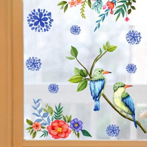 HaoFuJi Adhesivos de doble cara para ventana de flores, diseño floral de pájaros, primavera, verano, coloridas calcomanías de ventana para pájaros HaoFuJi Adhesivos de doble cara para ventana de flores, diseño floral de pájaros, primavera, verano, coloridas calcomanías de ventana para pájaros