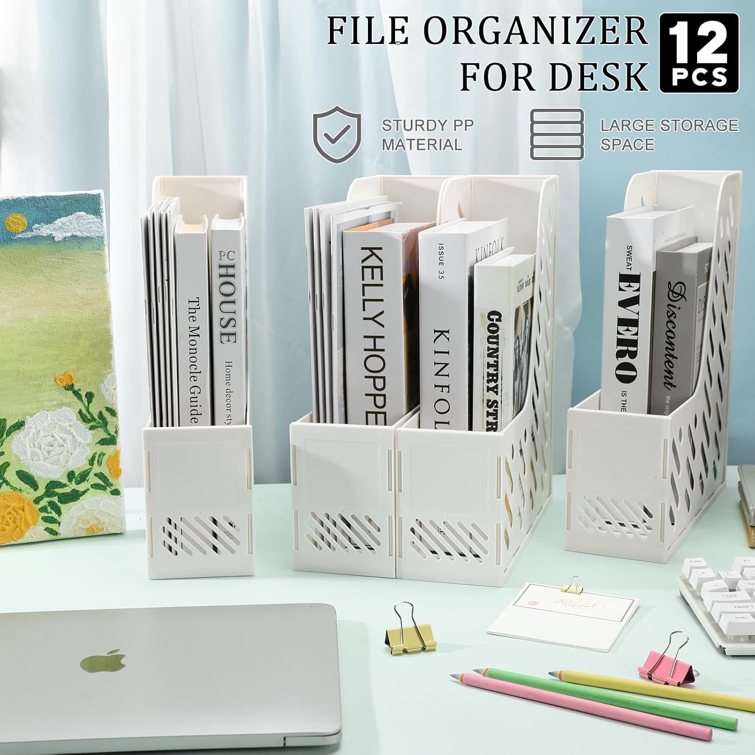 Glenmal Paquete de 12 organizadores de revistas, organizador para escritorio, soporte vertical de plástico para archivos, revistas, accesorios de