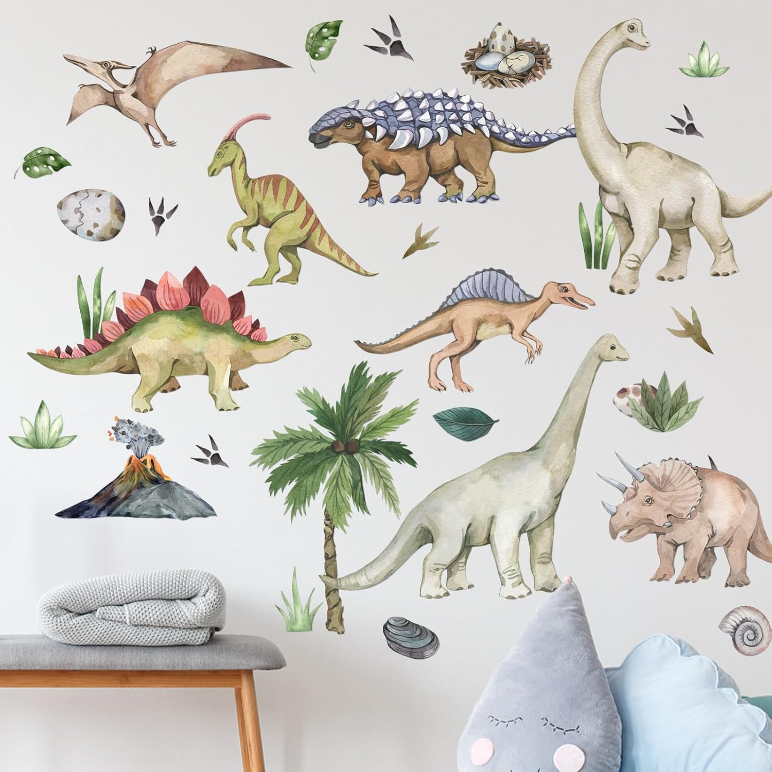 Calcomanías de pared de dinosaurio de acuarela, removibles, grandes, para despegar y pegar, calcomanías de plantas tropicales de cactus decoración