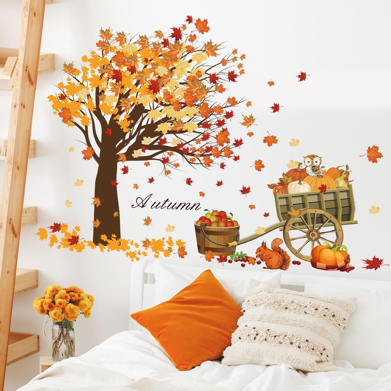 Rajahubri Calcomanía de pared de otoño de Acción de Gracias, hojas de arce, calcomanías de pared de calabazas de cosecha de otoño, lindos animales,