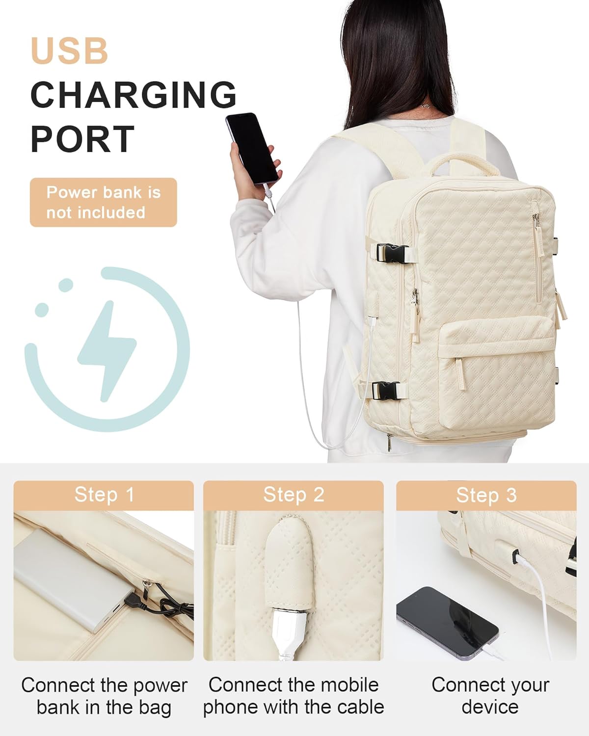VECAVE Mochila de viaje para laptop, mochila aprobada para vuelos,Mochila deportiva para universidad casual, M-Beige, Mochila para laptop