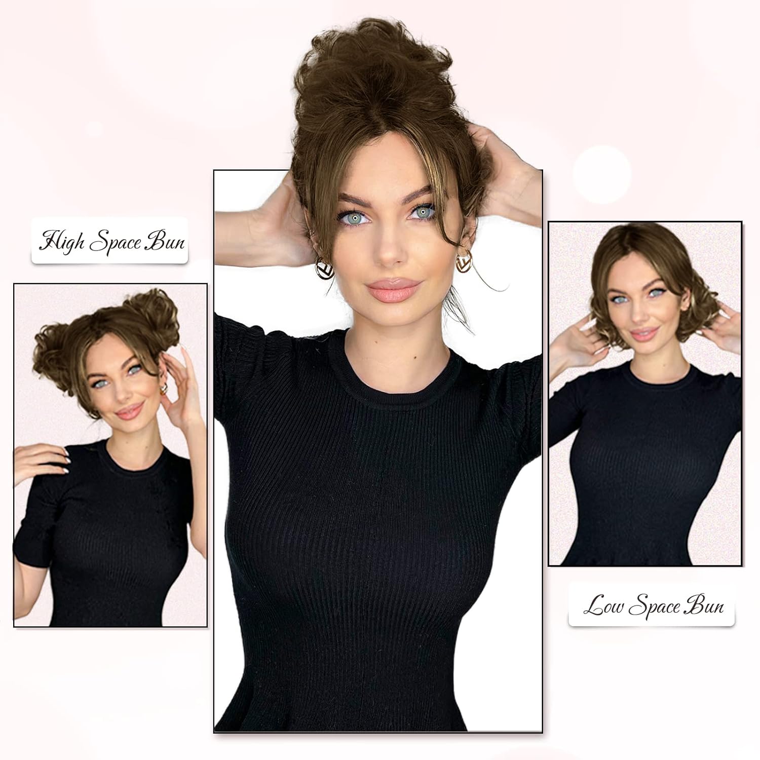 RUWISS Moño desordenado, pieza de cabello humano con moños de rosa desordenado, pieza de cabello para mujer, pieza de cabello real con coleteros