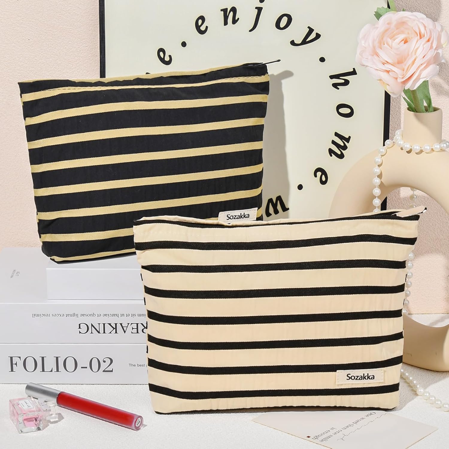 Bolsa de maquillaje de 2 piezas, bolsa grande de cosméticos a rayas, color negro y blanco, bolsa de aseo de viaje, organizador de brochas de