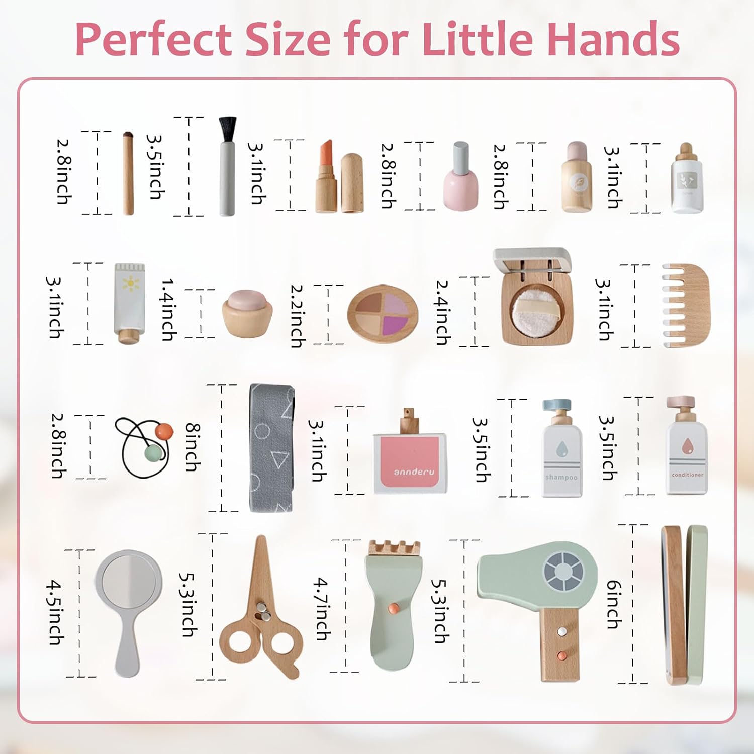 Juego de 22 juguetes de maquillaje de madera para niños pequeños, juguetes de salón de belleza de madera, kit de maquillaje de madera con accesorios