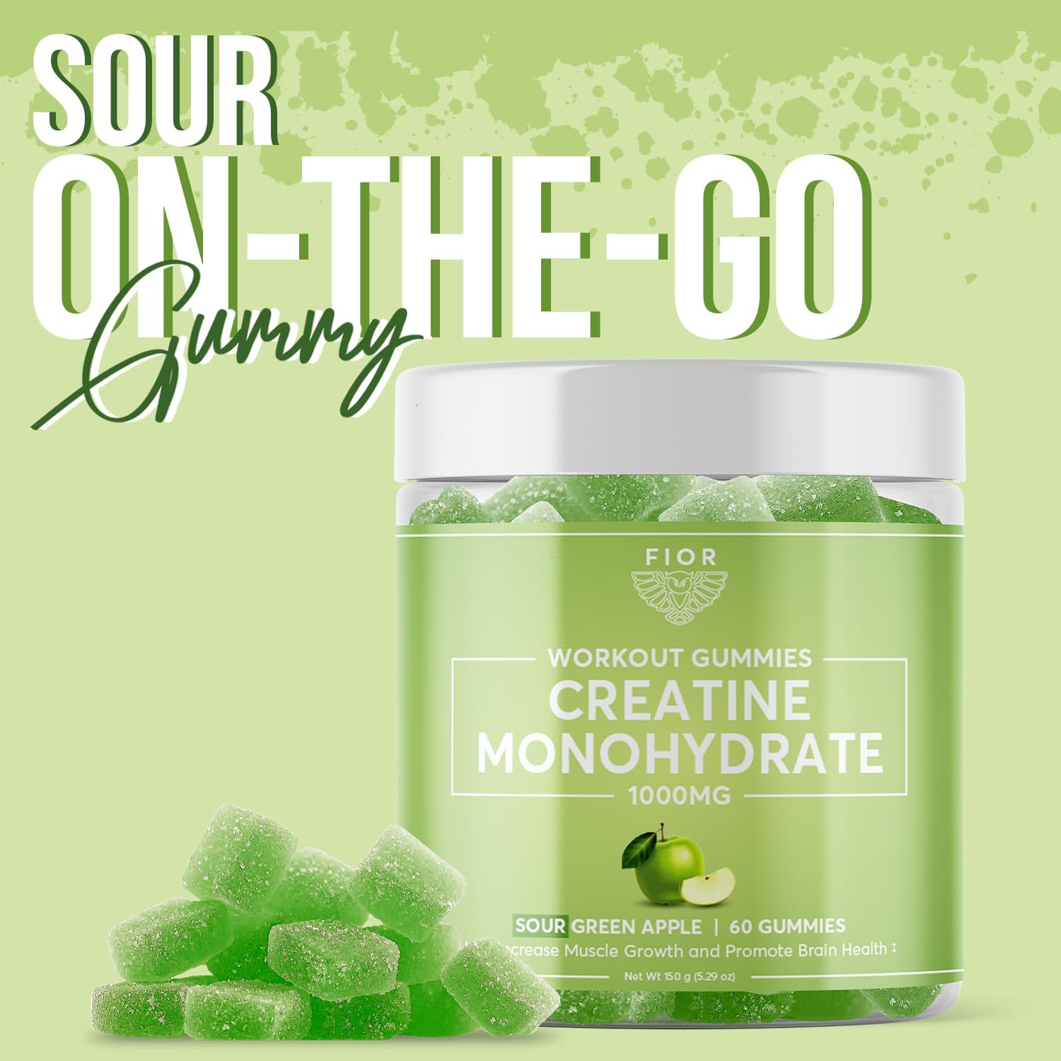 FIOR Gomitas de creatina  El mejor monohidrato de creatina masticable, 60 unidades, suplemento de entrenamiento y proteínas, mejora cognitiva, sabor