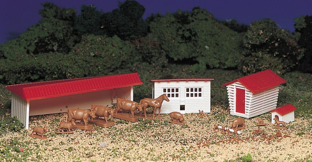 Bachmann Trains – EDIFICIOS PLASTICVILLE U.S.A.  KITS CLÁSICOS – EDIFICIOS DE GRANJA con ANIMALES – Escala HO