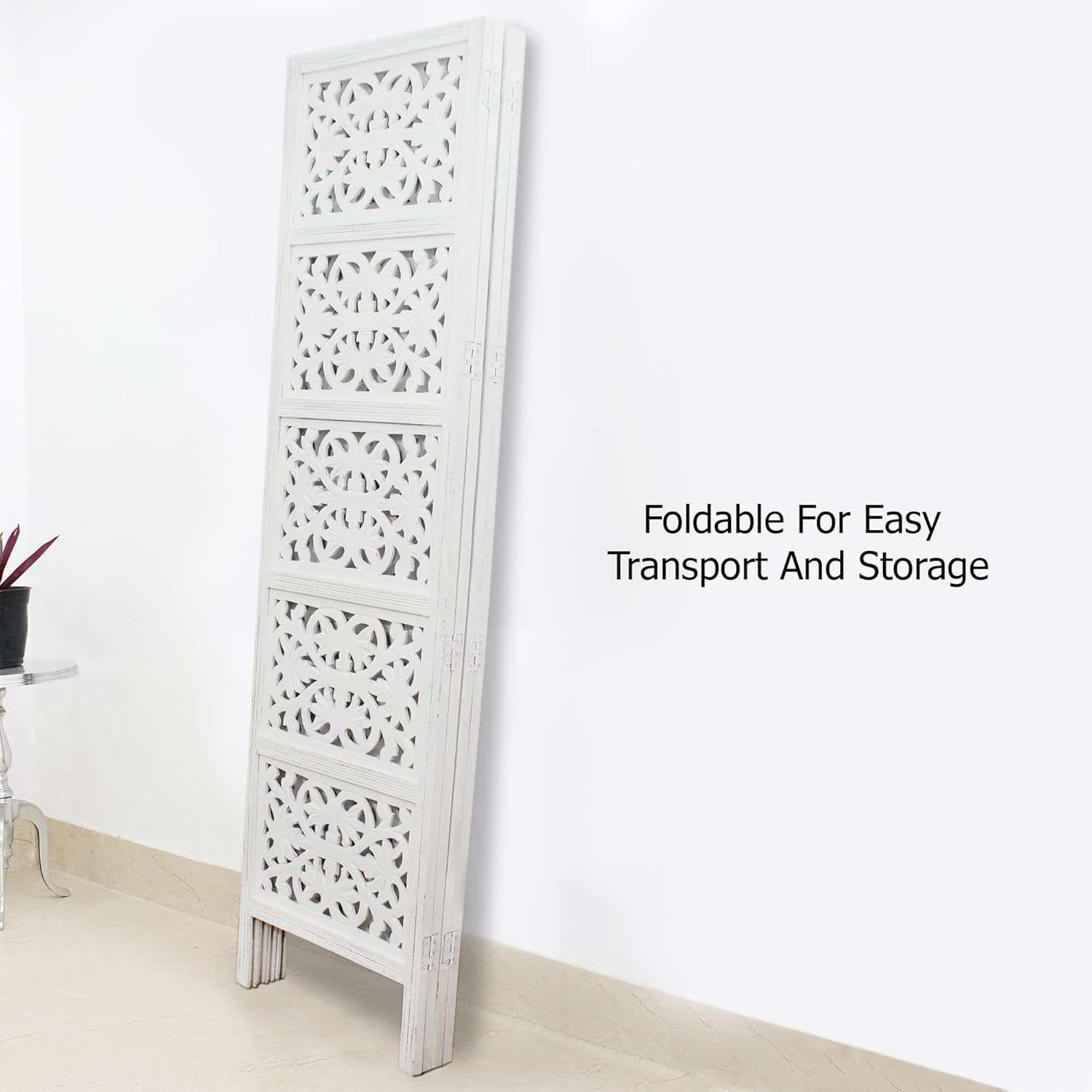 Rania – Partición de madera para separar habitaciones, color blanco antiguo, 4 paneles plegables de 72 x 80 pulgadas, intrincada tallada a mano,