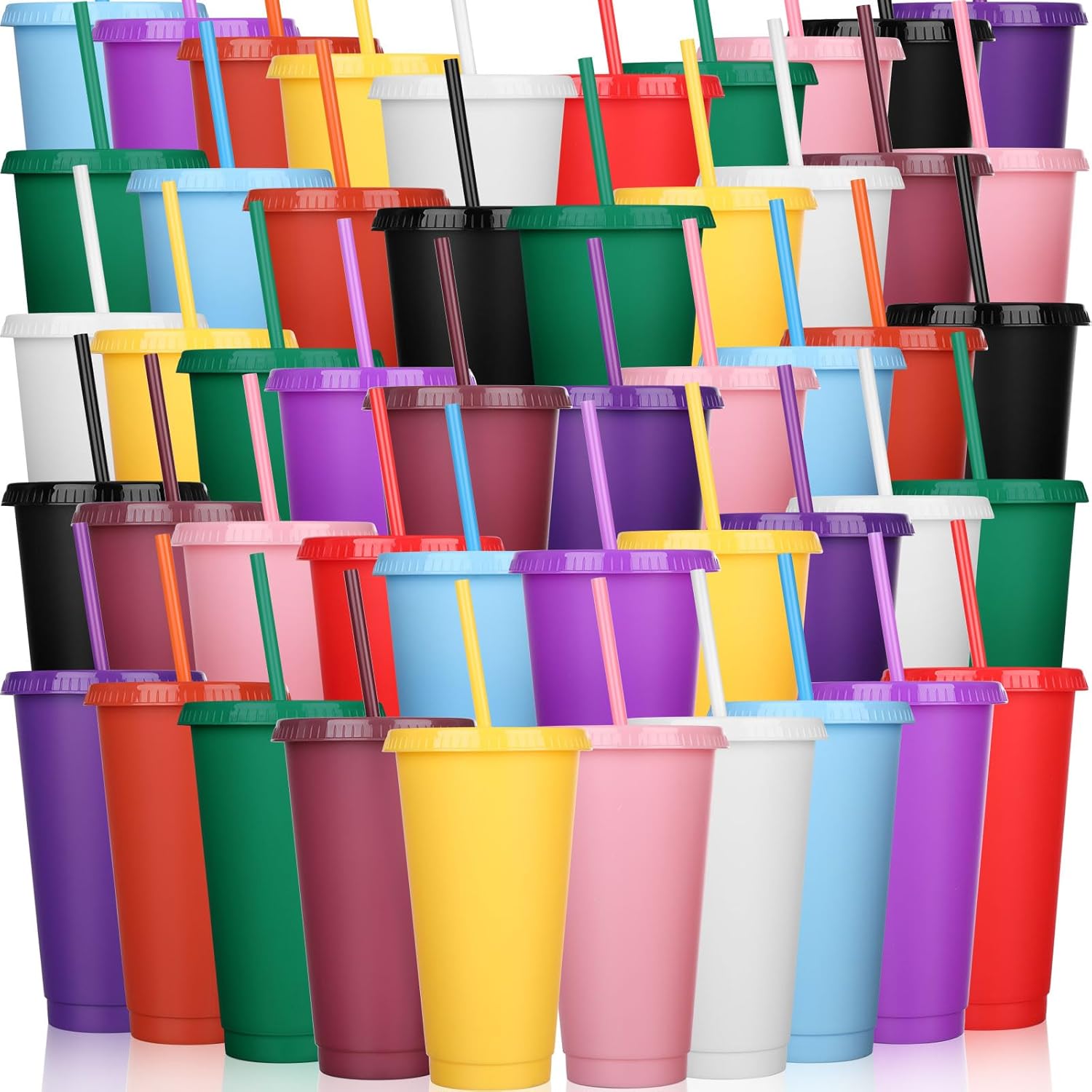 Honeydak 60 vasos con popote y tapa, botella de agua a granel, taza de viaje para café helado, vasos de plástico reutilizables para fiestas,