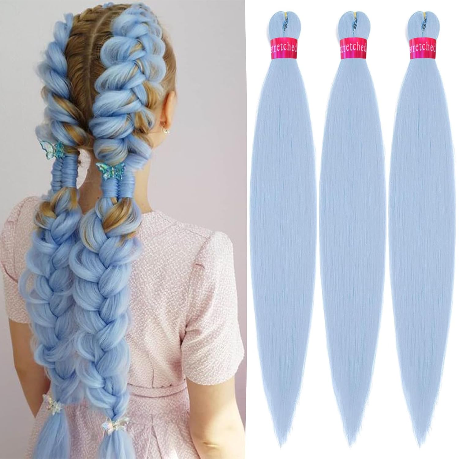 Cabello trenzado de color azul bebé preestirado de 26 pulgadas, extensiones de cabello trenzado Kanekalon, 3 paquetes de trenzas de pelo de fibra