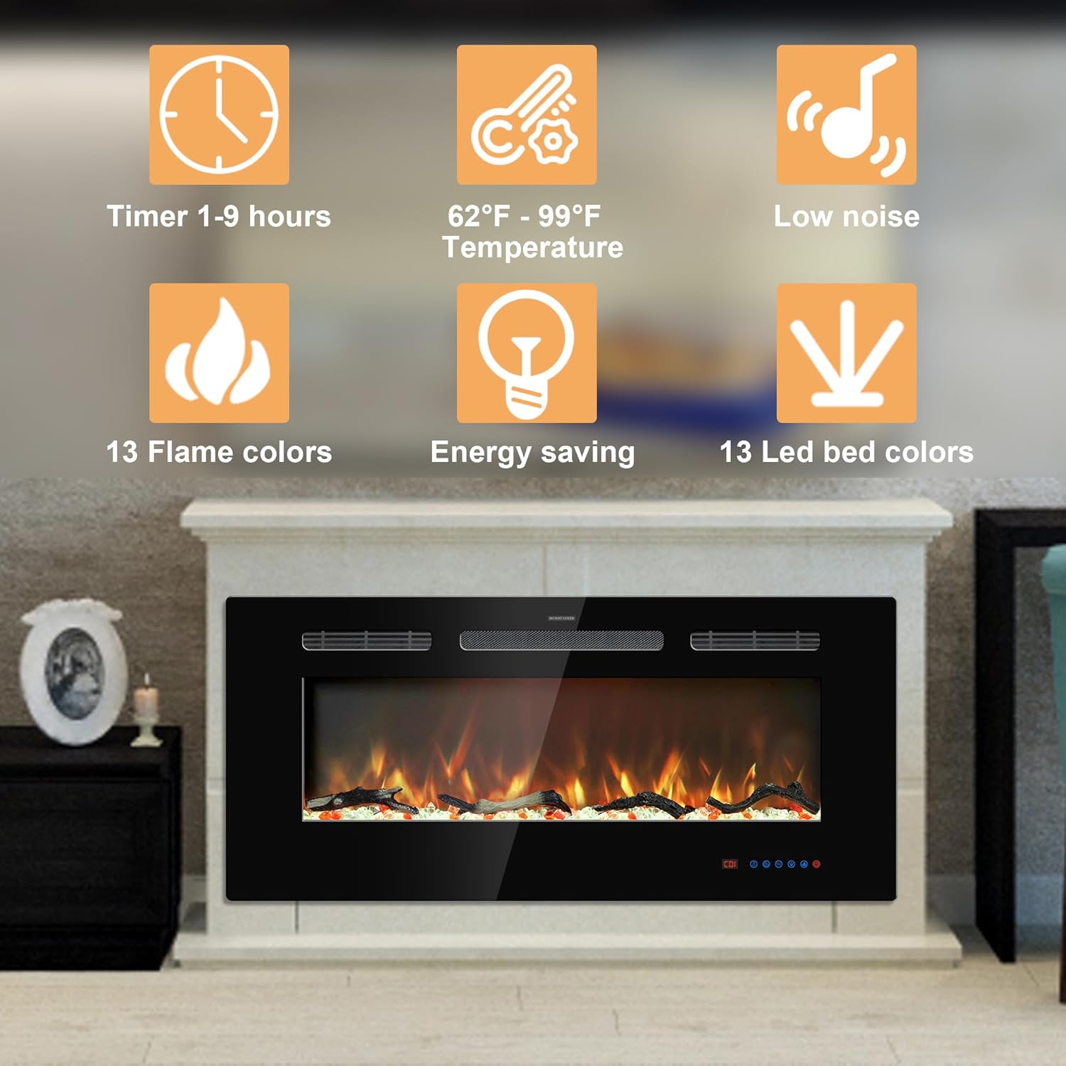 Insertos de chimenea eléctrica de 39 pulgadas, calentador de chimenea empotrado y montado en la pared, chimenea lineal con termostato, control