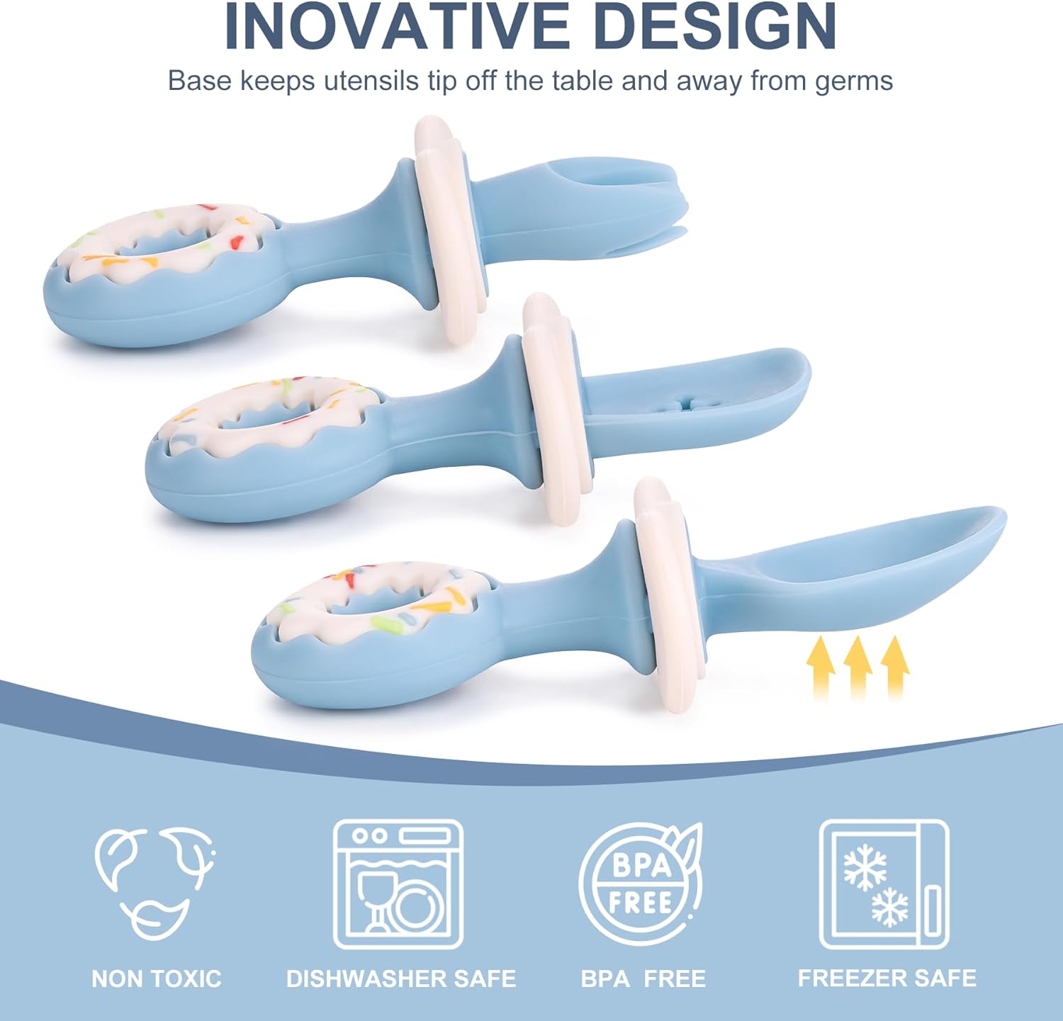 Paquete de 3 utensilios para bebé, cucharas de destete LED para bebés, cuchara y tenedor de silicona con succión, utensilios de autoalimentación