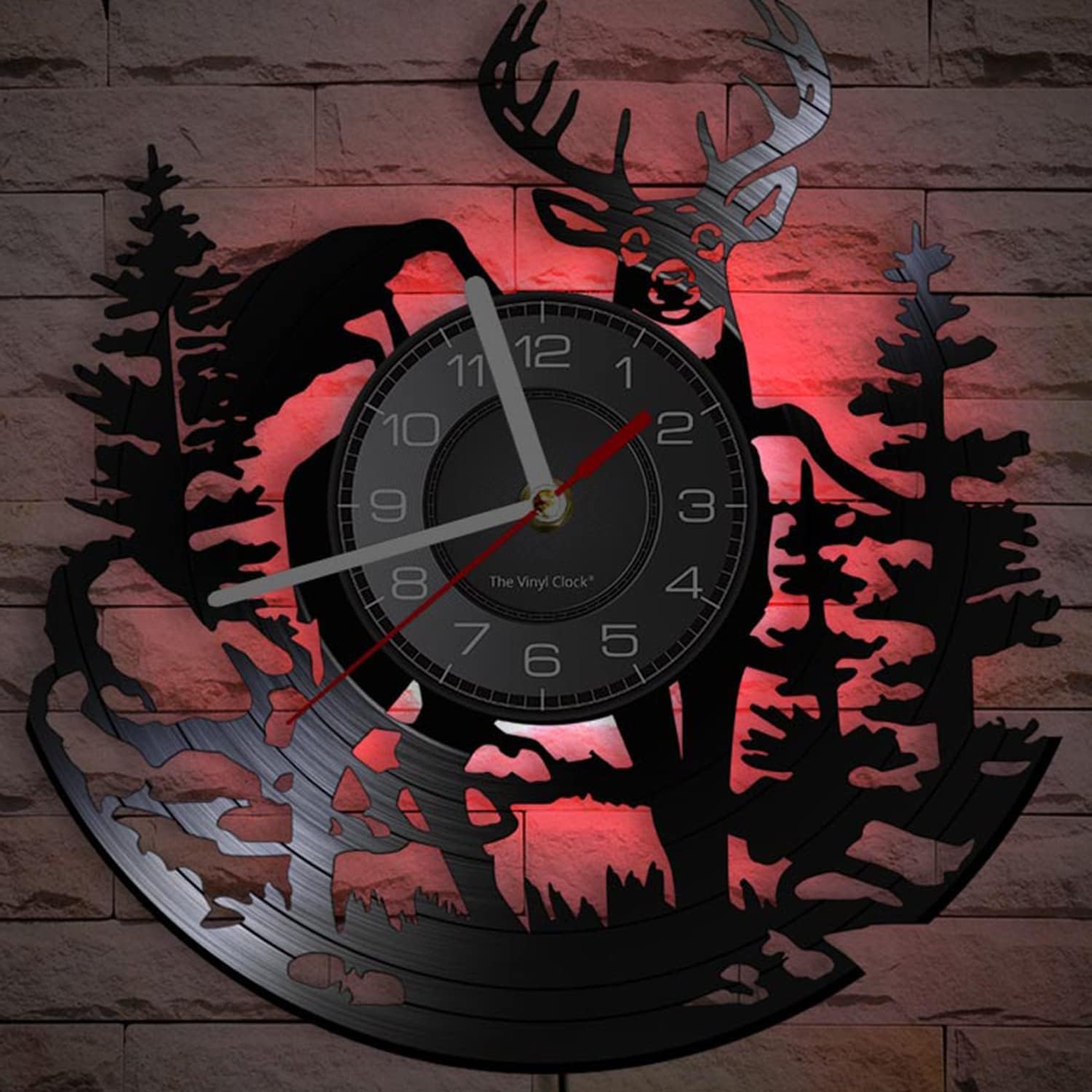 Reloj de pared de disco de vinilo de caza de ciervos con 7 luces LED que cambian de color, reloj silencioso, naturaleza, vida silvestre, paisaje,