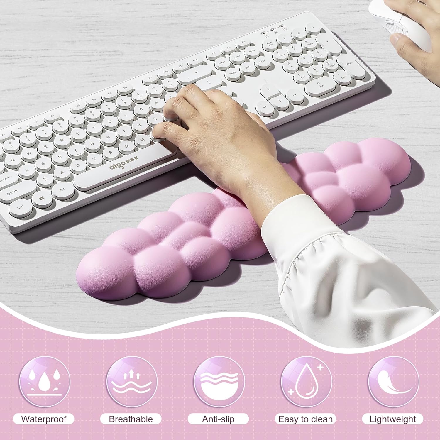 Leolee Reposamuñecas para teclado Cloud, reposamuñecas de nube rosa con superficie de cuero, base antideslizante, reposamuñecas para aliviar el